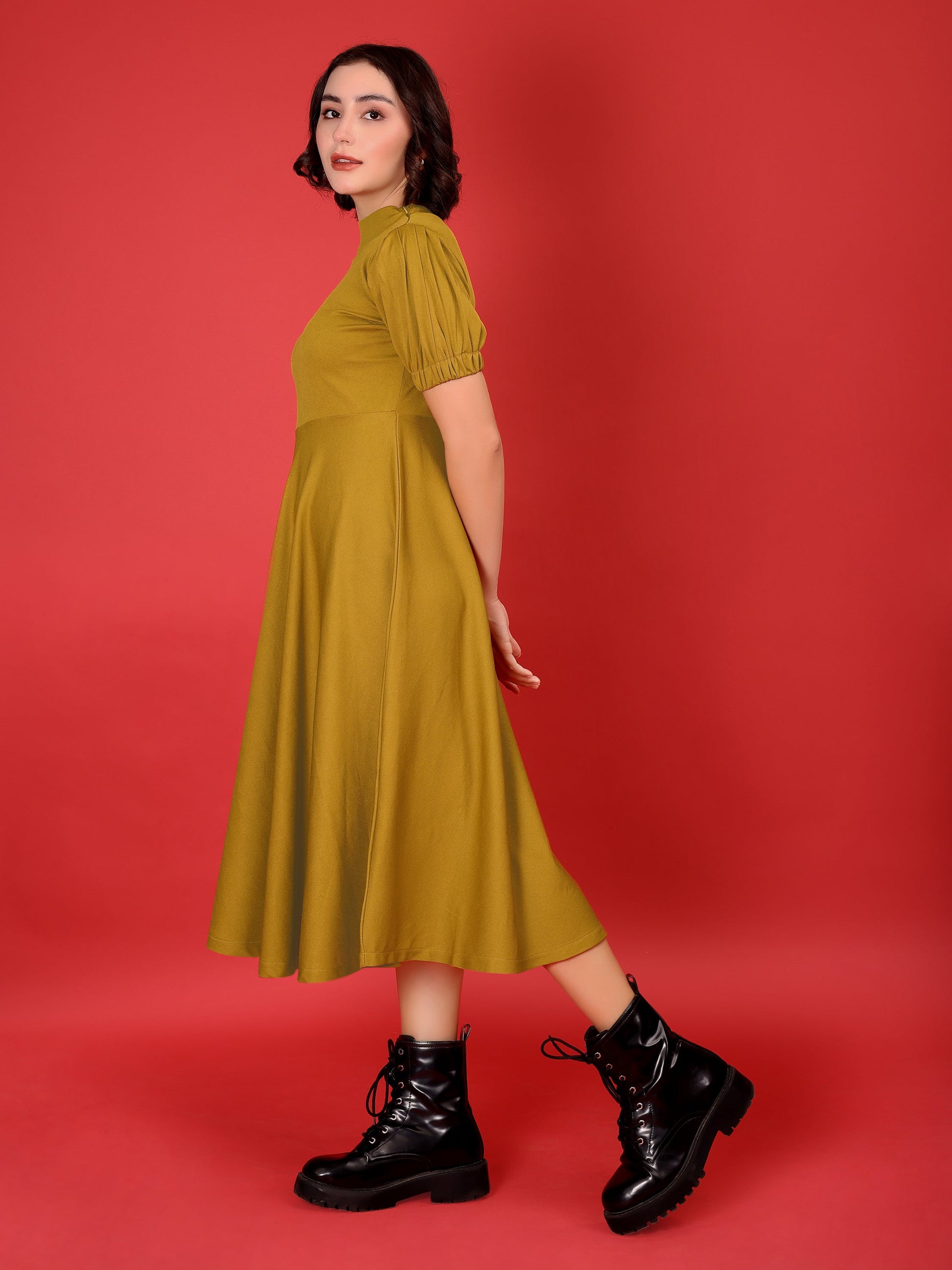 Asymmetric Knee Length Puff Sleeves High Neck Solid Dress