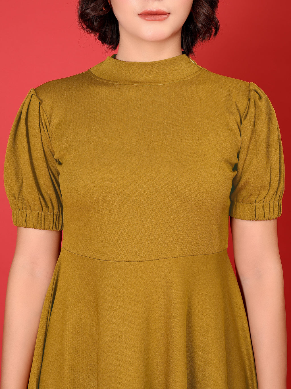 Asymmetric Knee Length Puff Sleeves High Neck Solid Dress