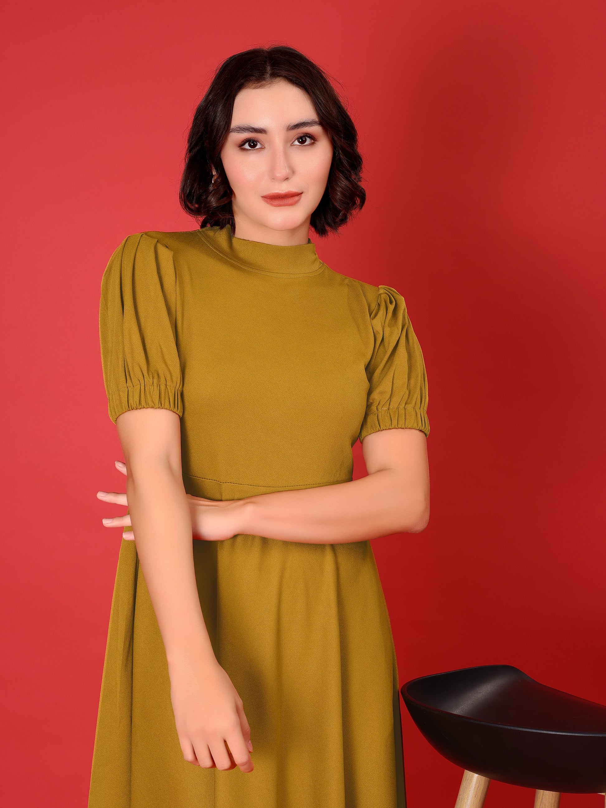 Asymmetric Knee Length Puff Sleeves High Neck Solid Dress