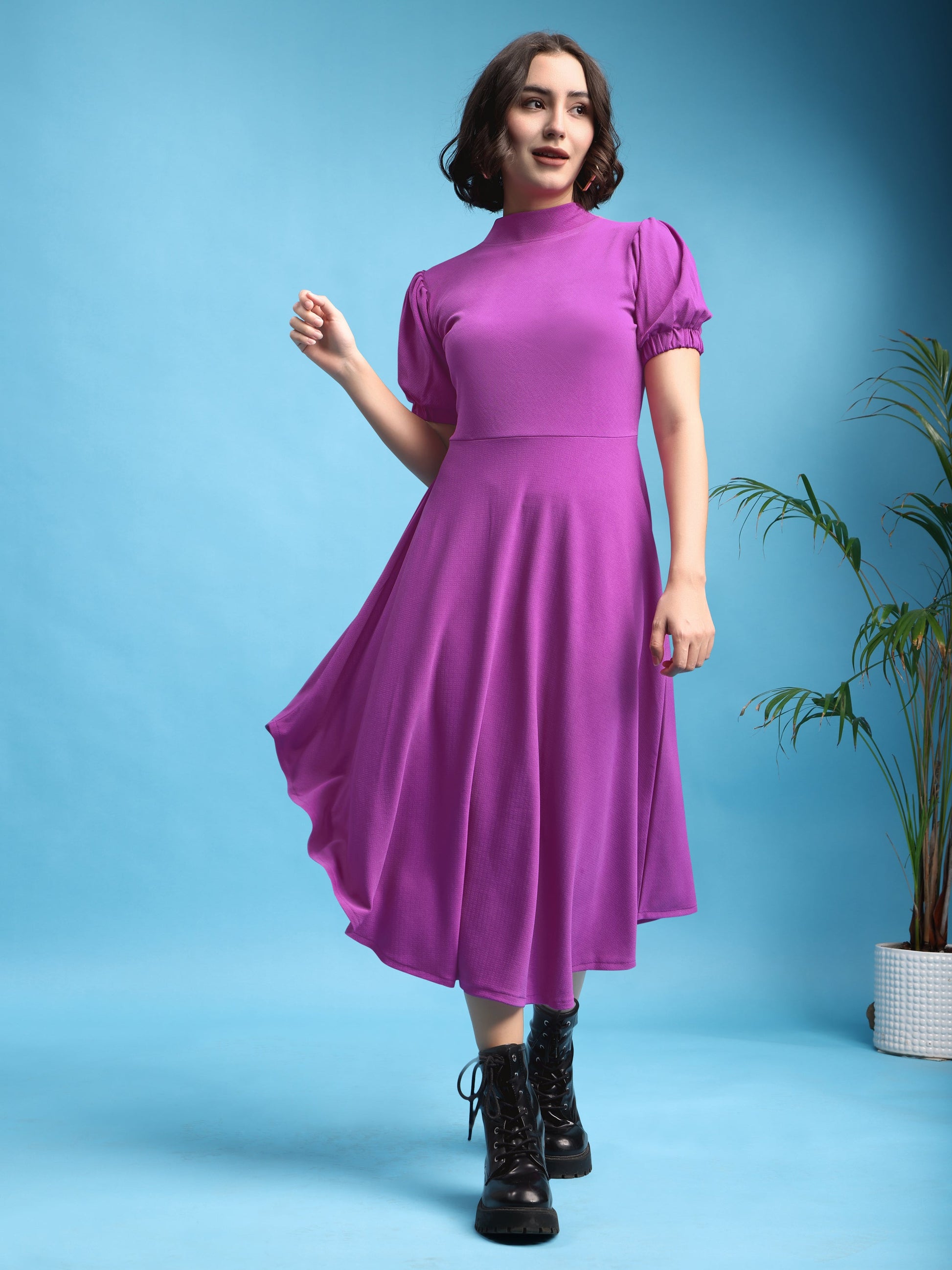 Asymmetric Knee Length Puff Sleeves High Neck Solid Dress