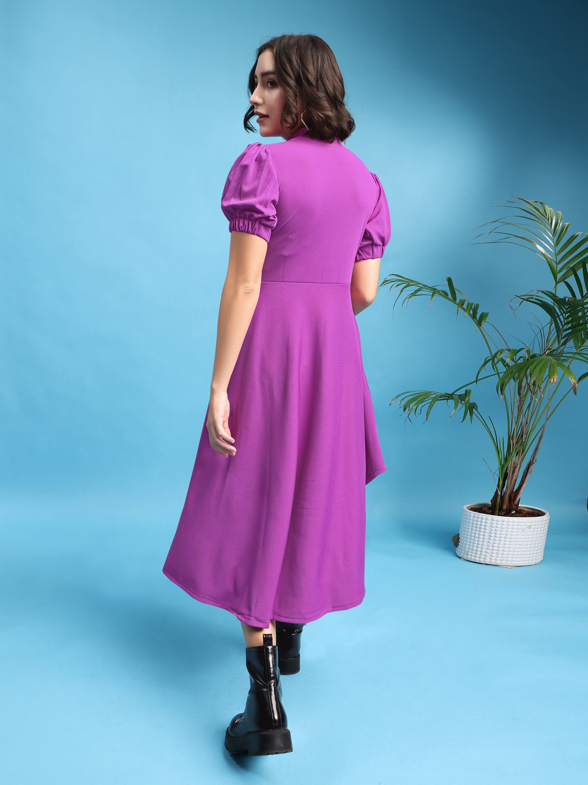 Asymmetric Knee Length Puff Sleeves High Neck Solid Dress