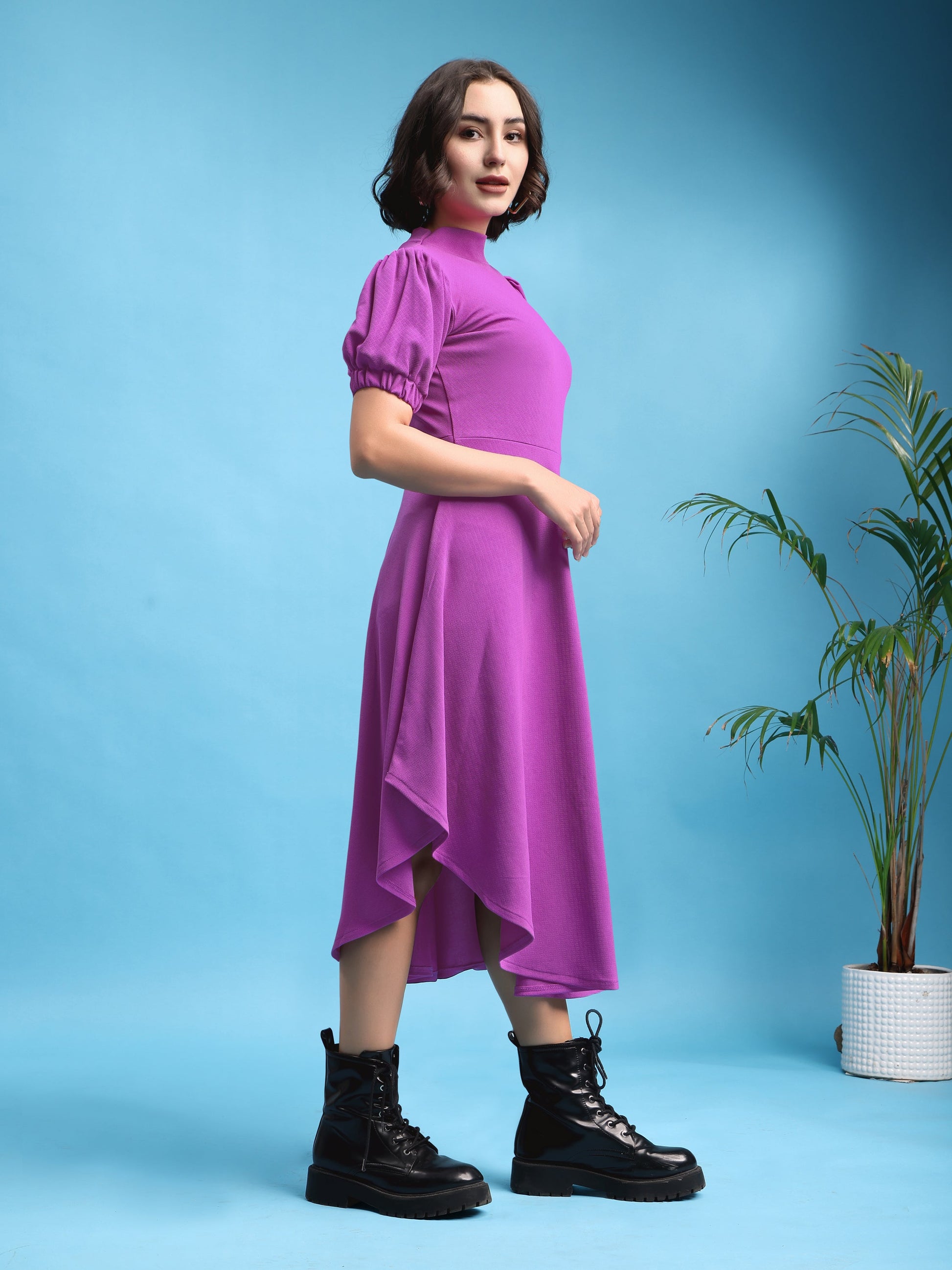 Asymmetric Knee Length Puff Sleeves High Neck Solid Dress
