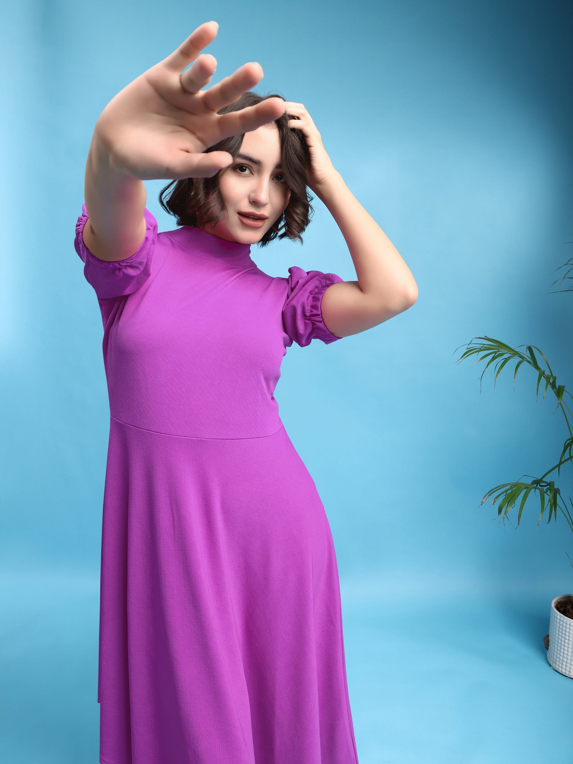 Asymmetric Knee Length Puff Sleeves High Neck Solid Dress