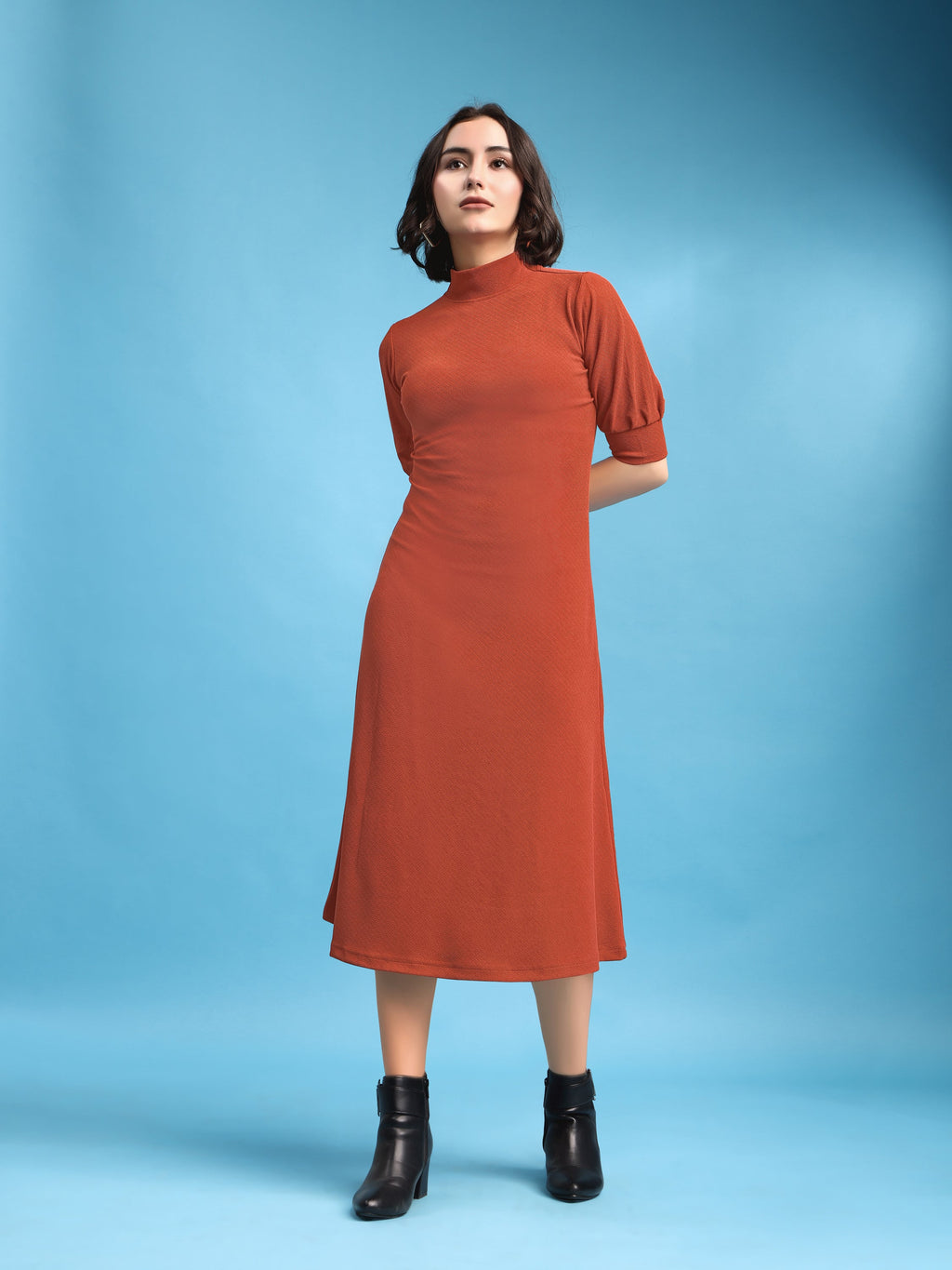 A-line Below Knee Bishop Sleeve High Neck Solid Dress