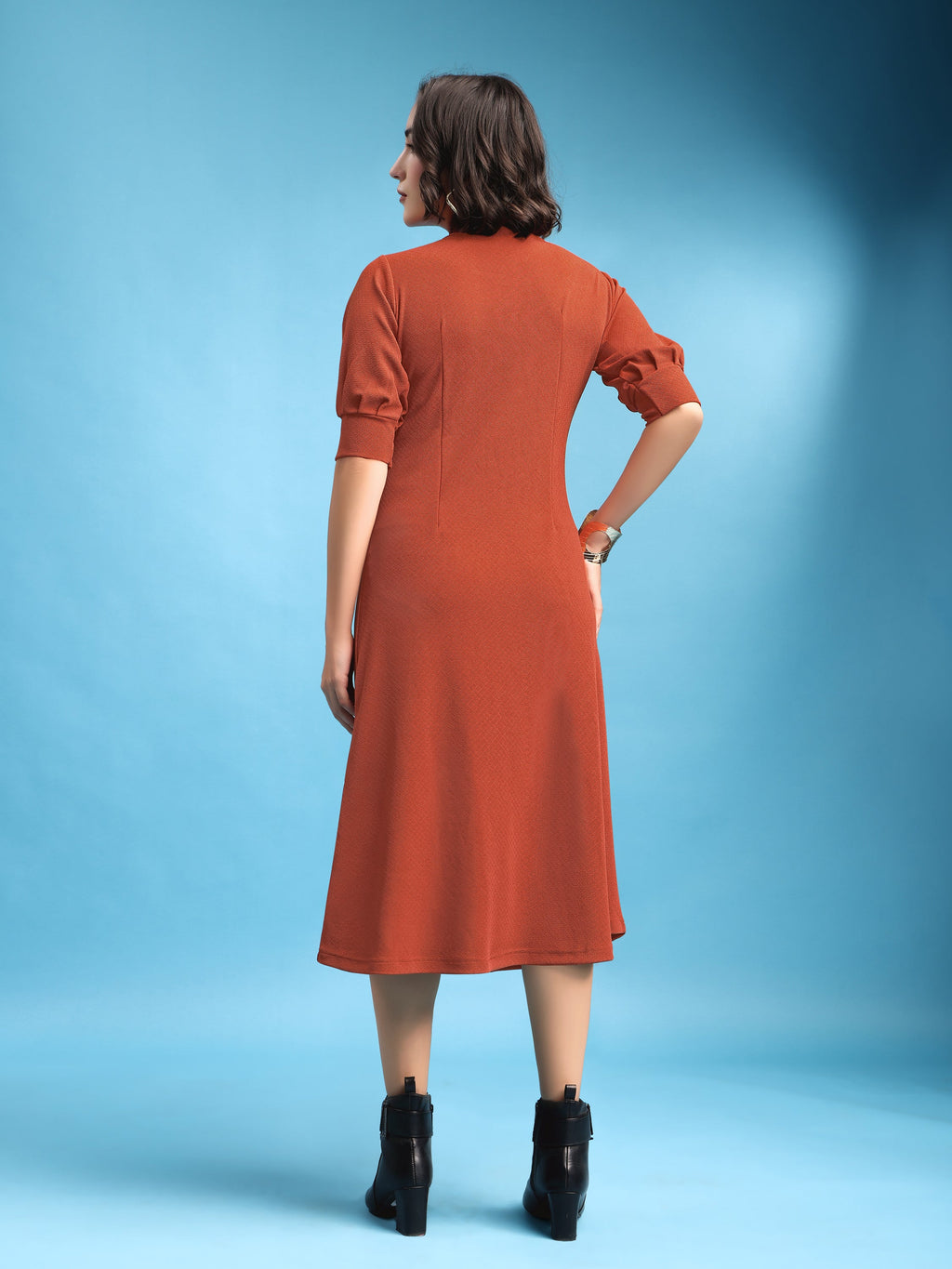 A-line Below Knee Bishop Sleeve High Neck Solid Dress