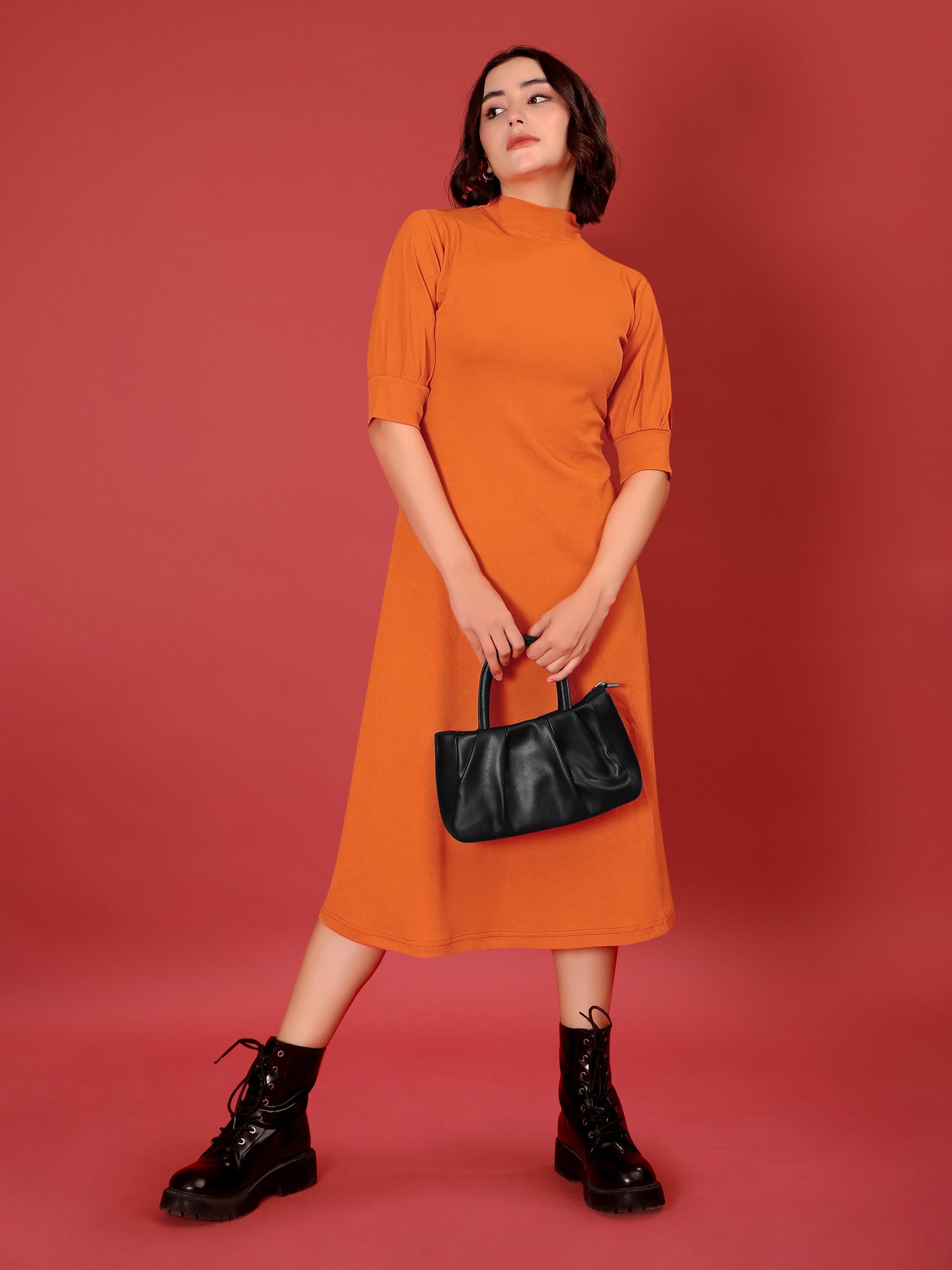 A-line Below Knee Bishop Sleeve High Neck Solid Dress