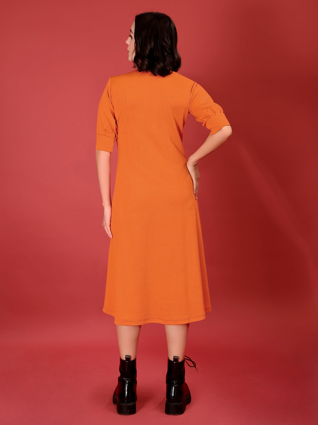 Lycra Blend Fit Flared Elbow Sleeve Dress