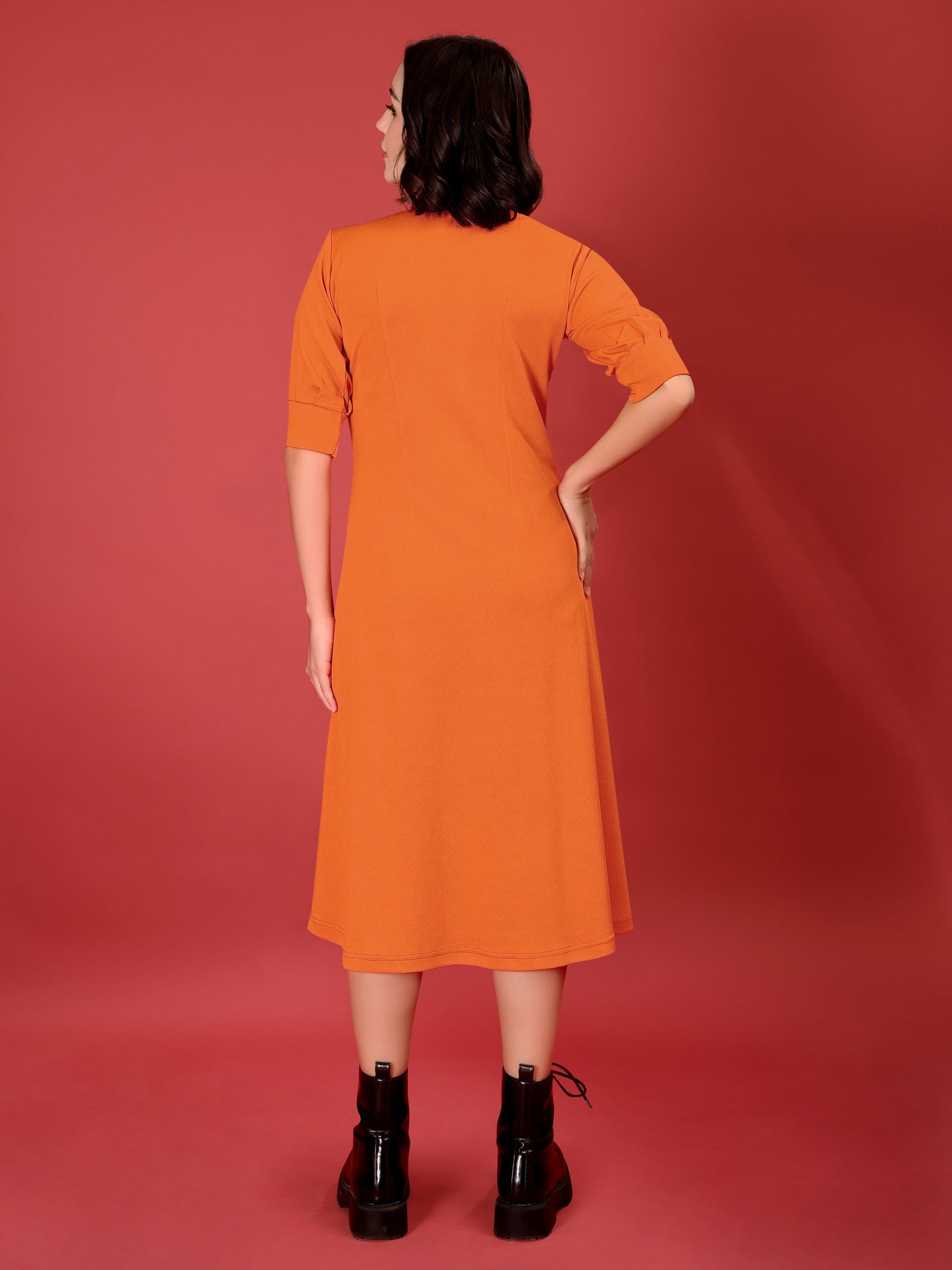 A-line Below Knee Bishop Sleeve High Neck Solid Dress