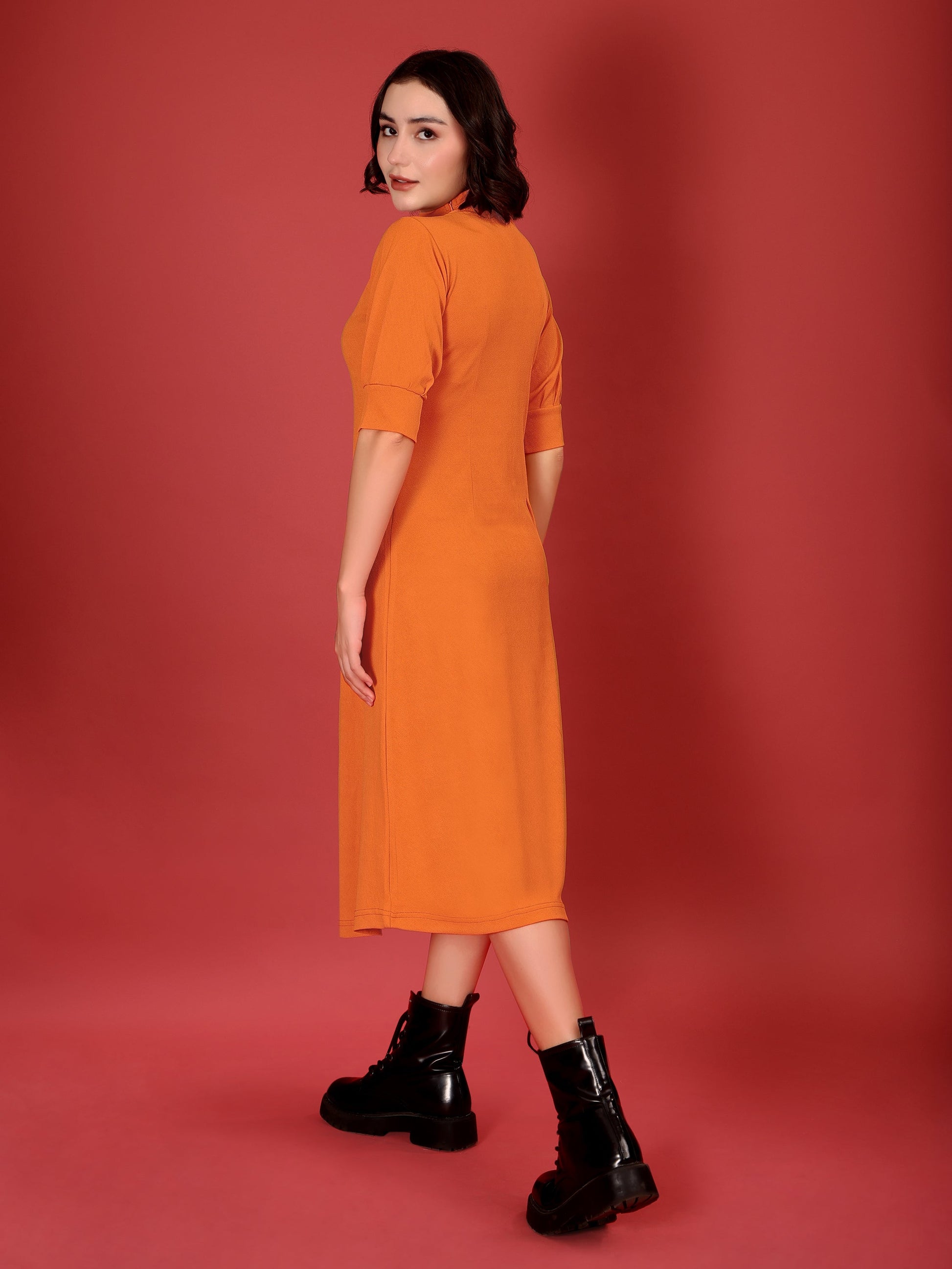 A-line Below Knee Bishop Sleeve High Neck Solid Dress