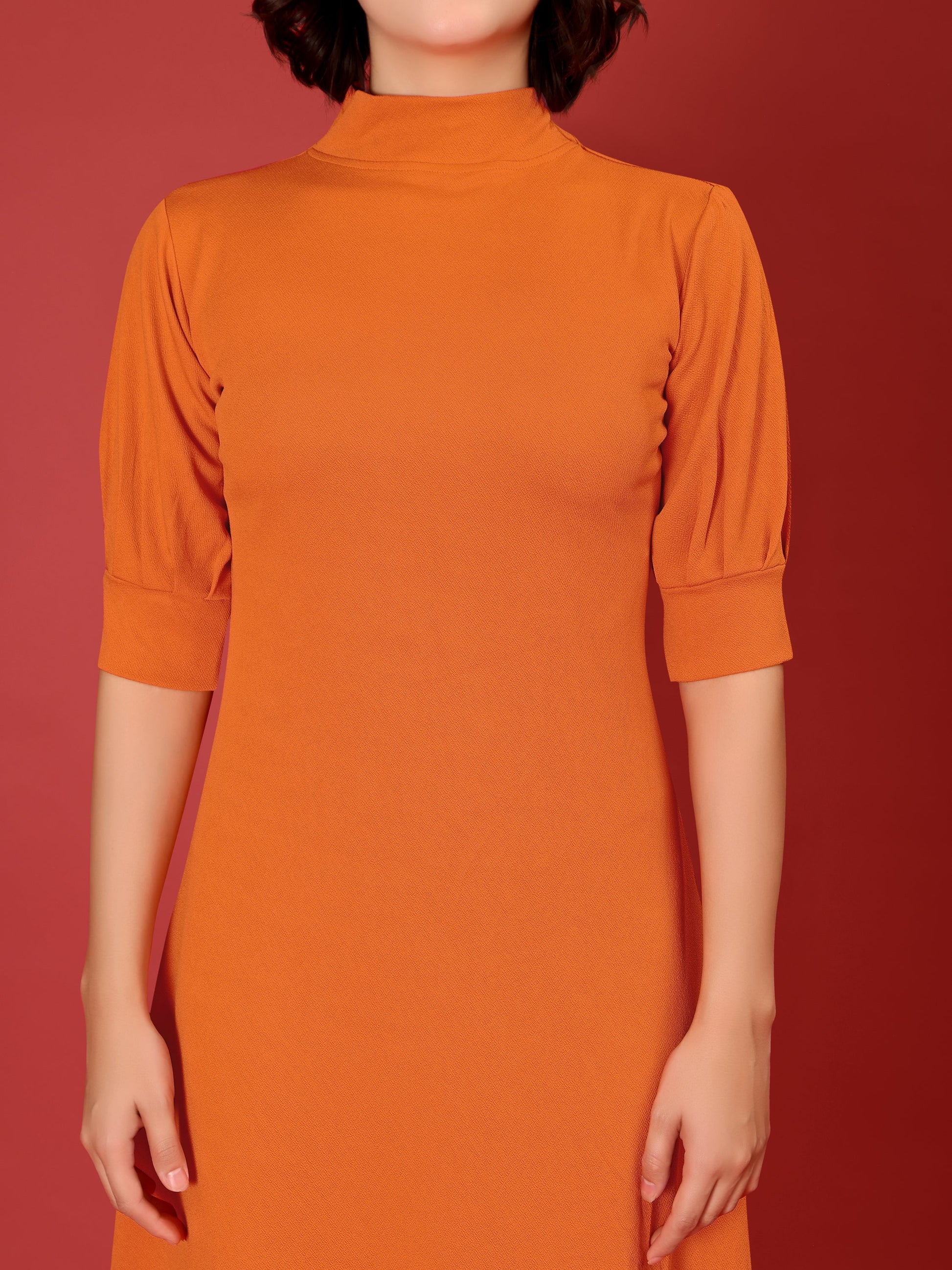 A-line Below Knee Bishop Sleeve High Neck Solid Dress