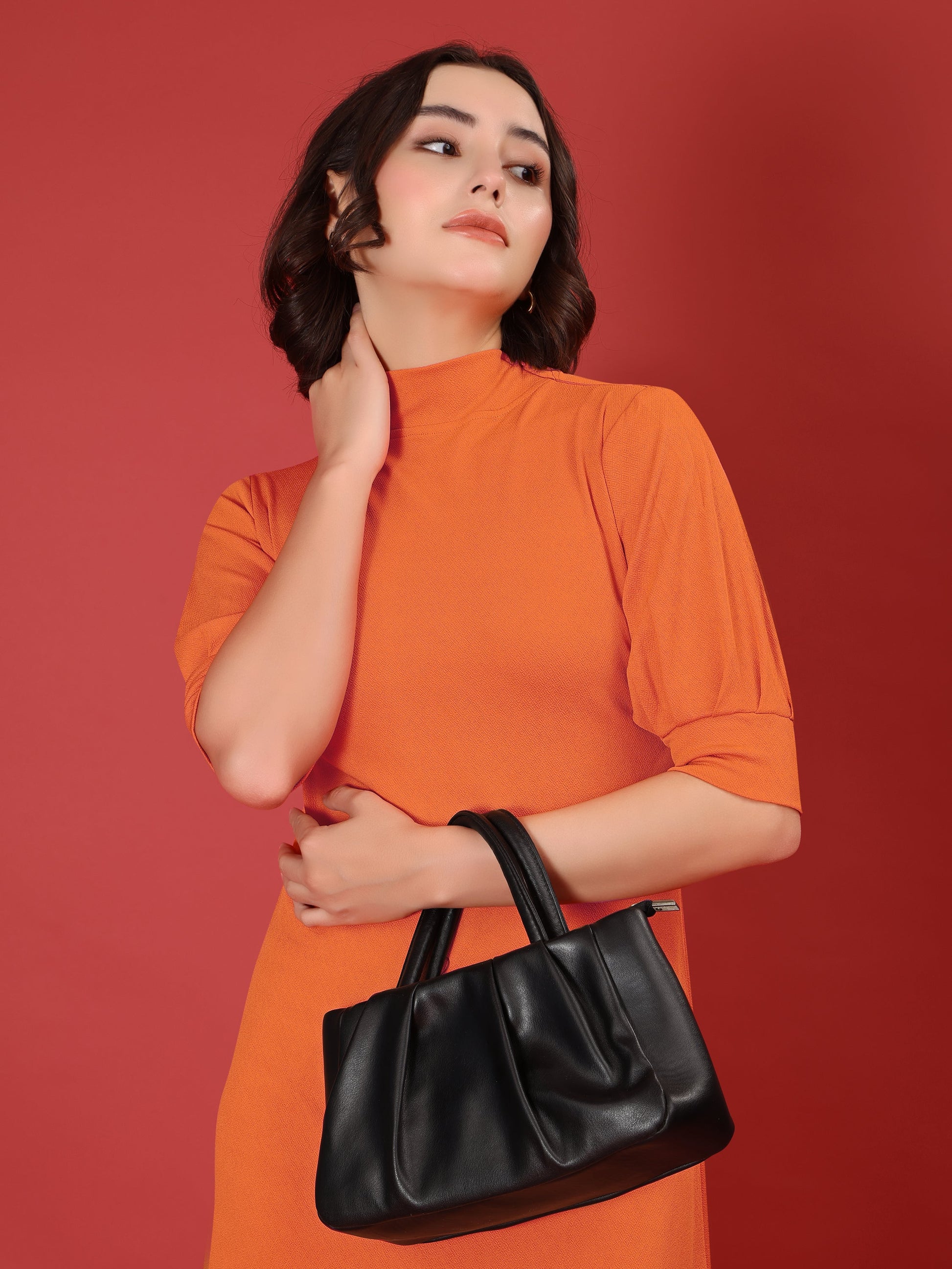 A-line Below Knee Bishop Sleeve High Neck Solid Dress