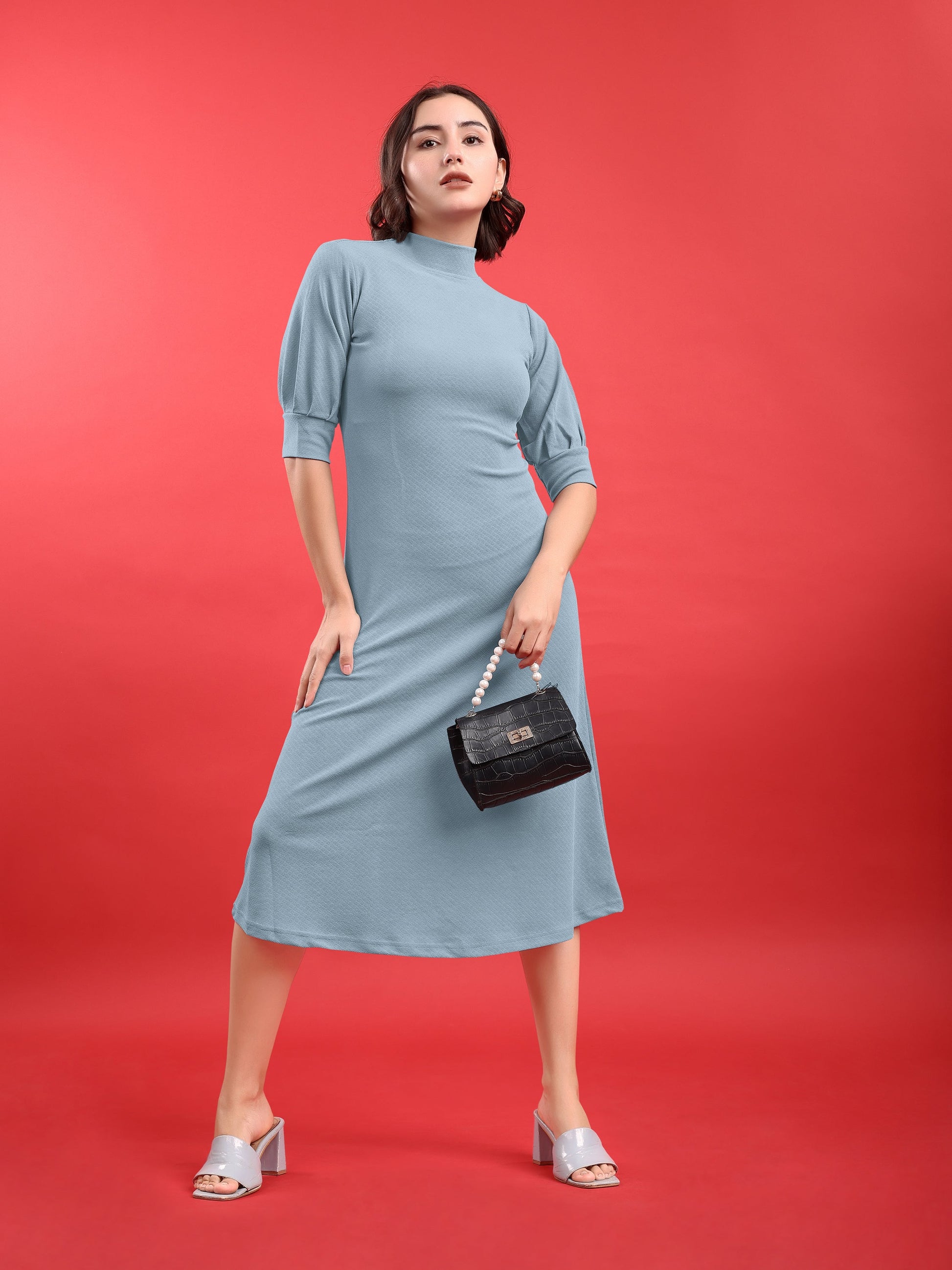 A-line Below Knee Bishop Sleeve High Neck Solid Dress
