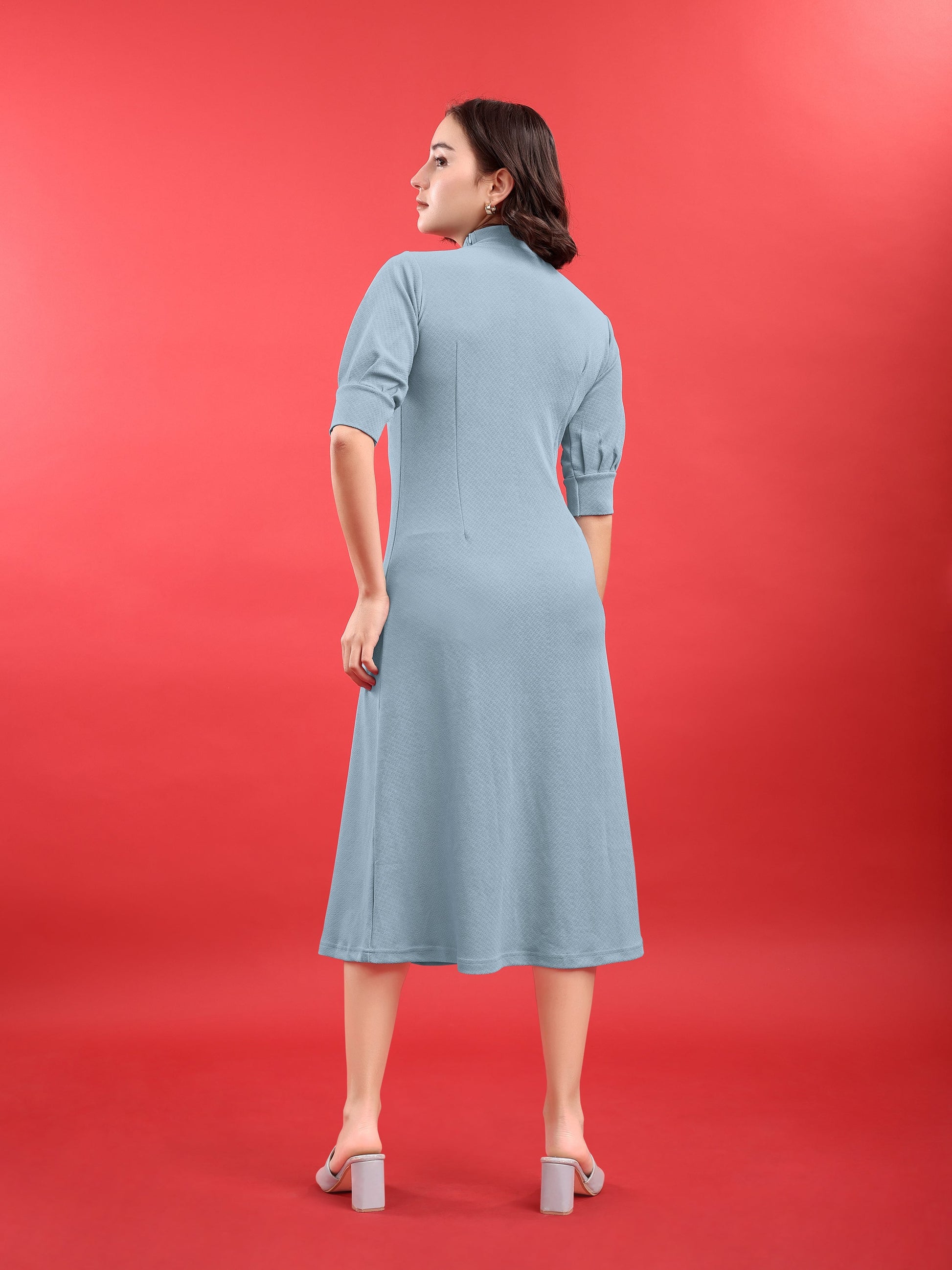 A-line Below Knee Bishop Sleeve High Neck Solid Dress