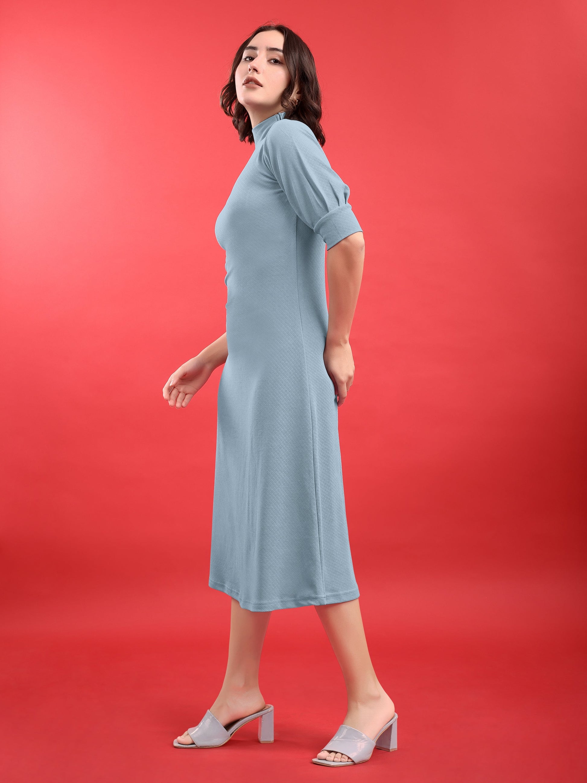 A-line Below Knee Bishop Sleeve High Neck Solid Dress