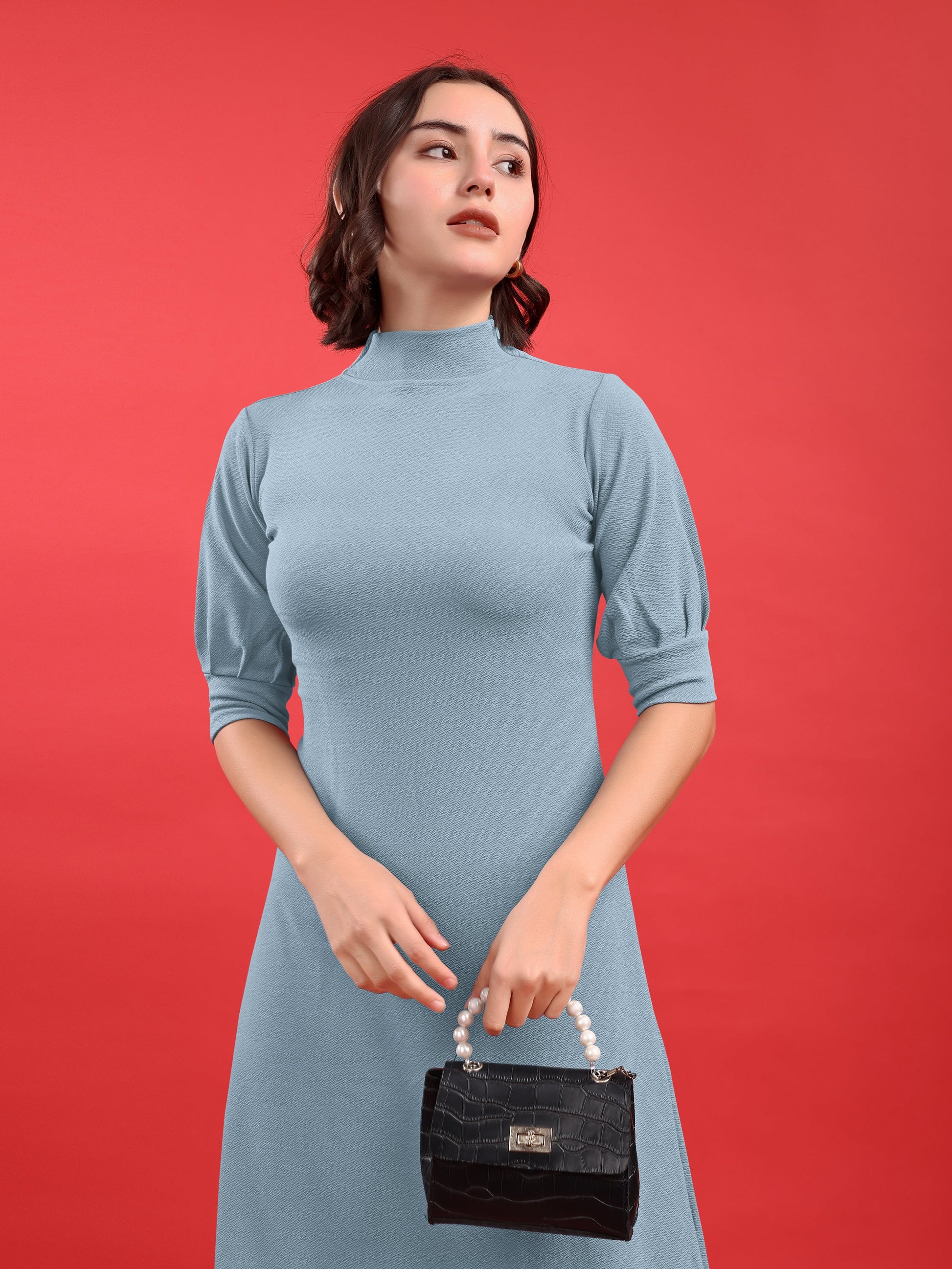 A-line Below Knee Bishop Sleeve High Neck Solid Dress