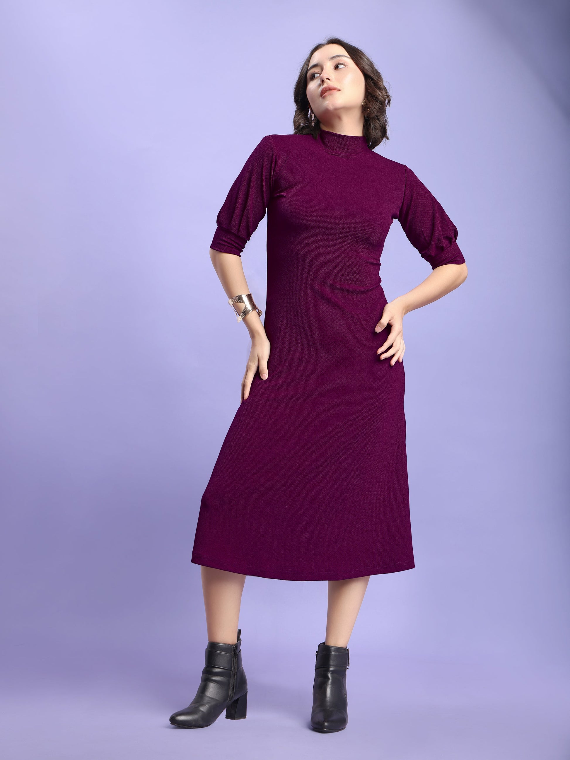 A-line Below Knee Bishop Sleeve High Neck Solid Dress