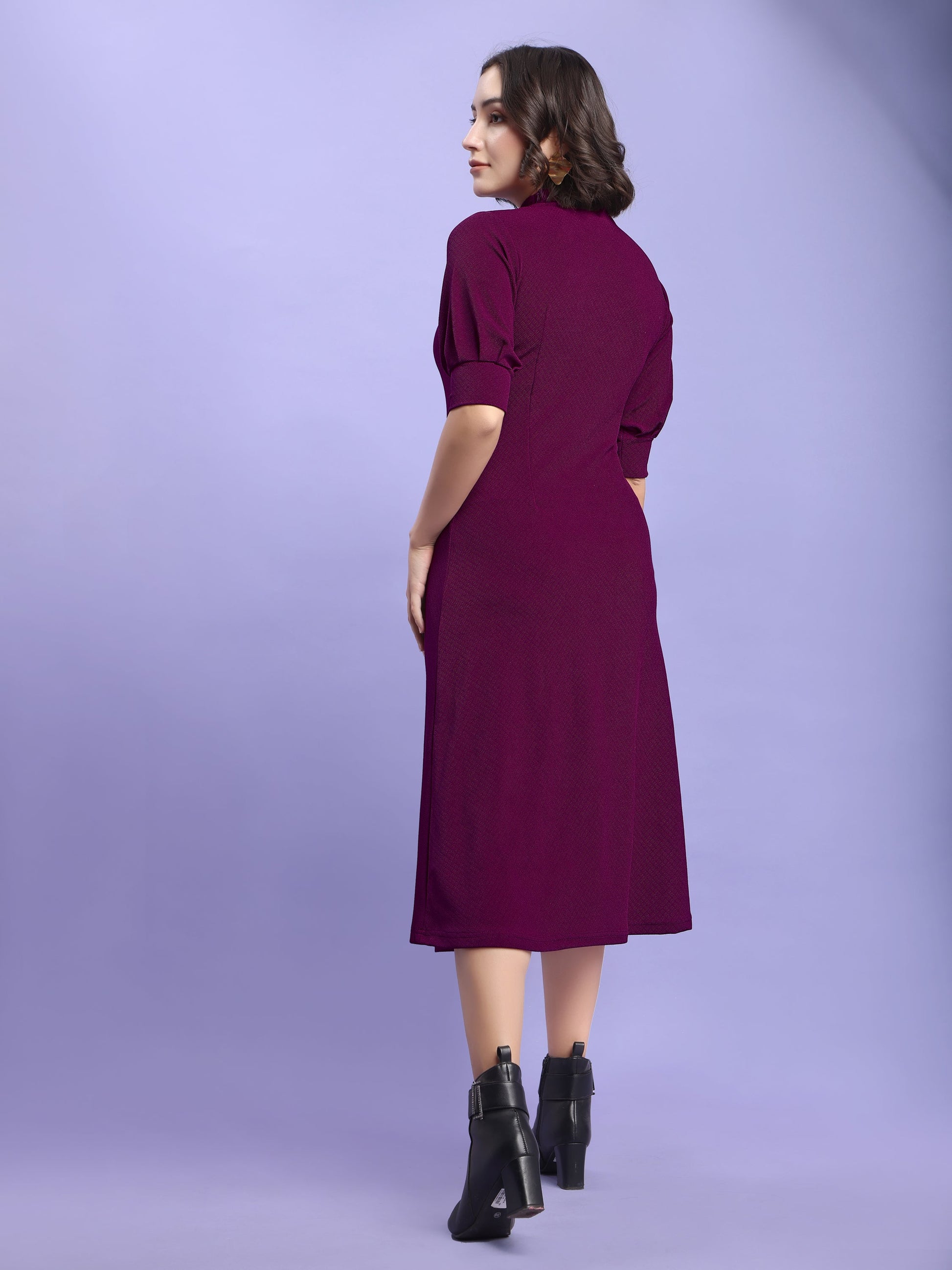 A-line Below Knee Bishop Sleeve High Neck Solid Dress