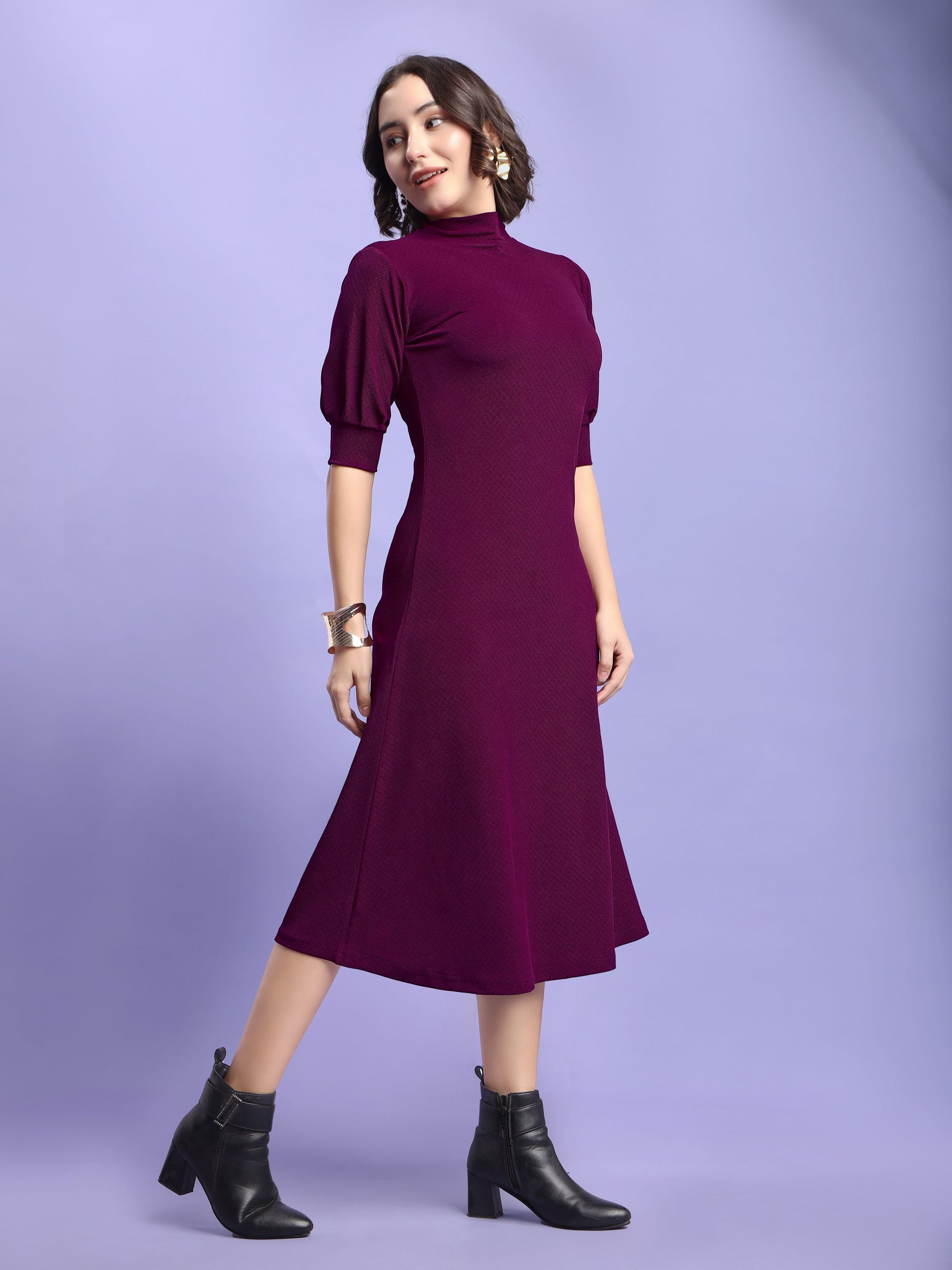 A-line Below Knee Bishop Sleeve High Neck Solid Dress