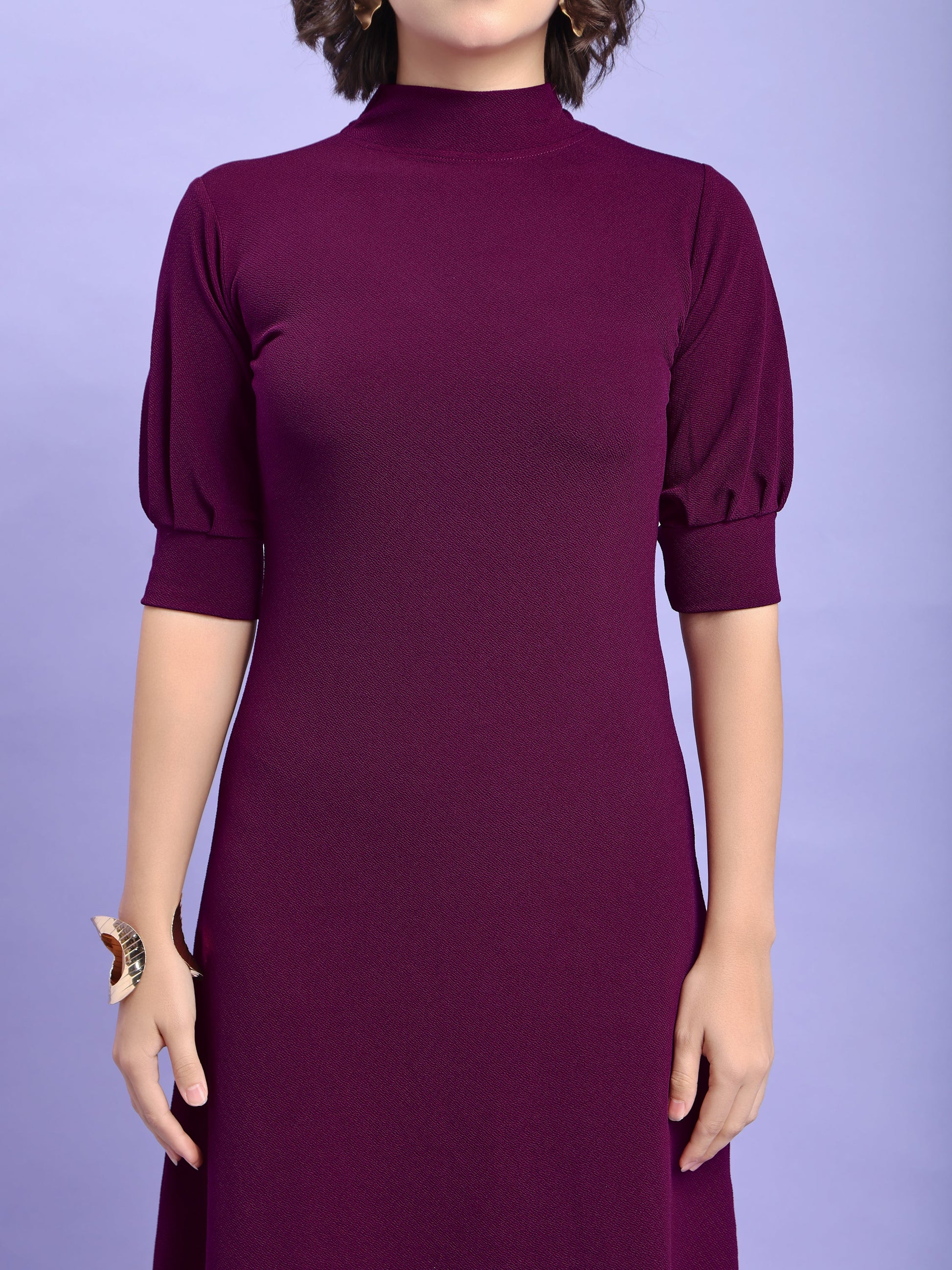 A-line Below Knee Bishop Sleeve High Neck Solid Dress