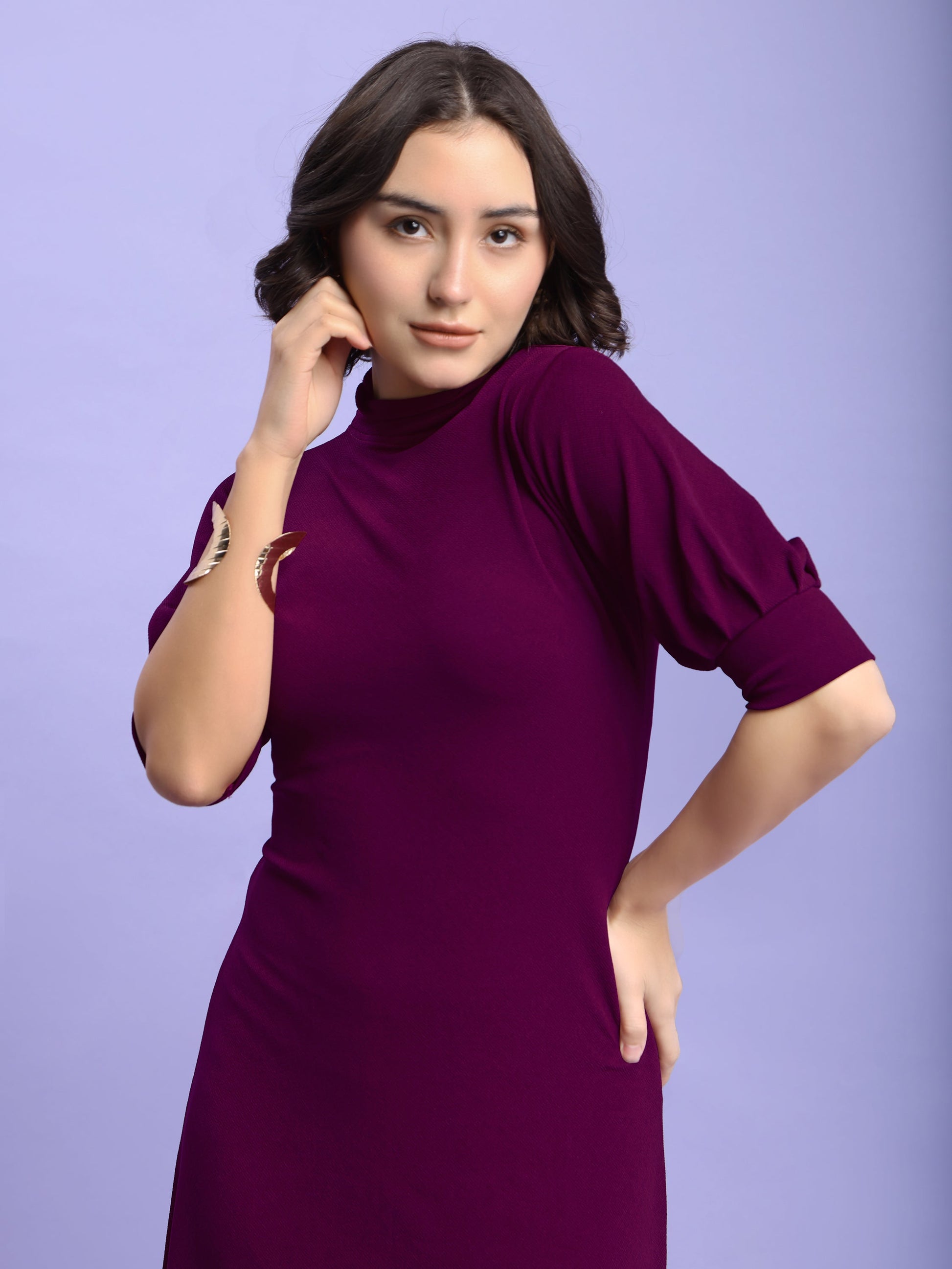 A-line Below Knee Bishop Sleeve High Neck Solid Dress