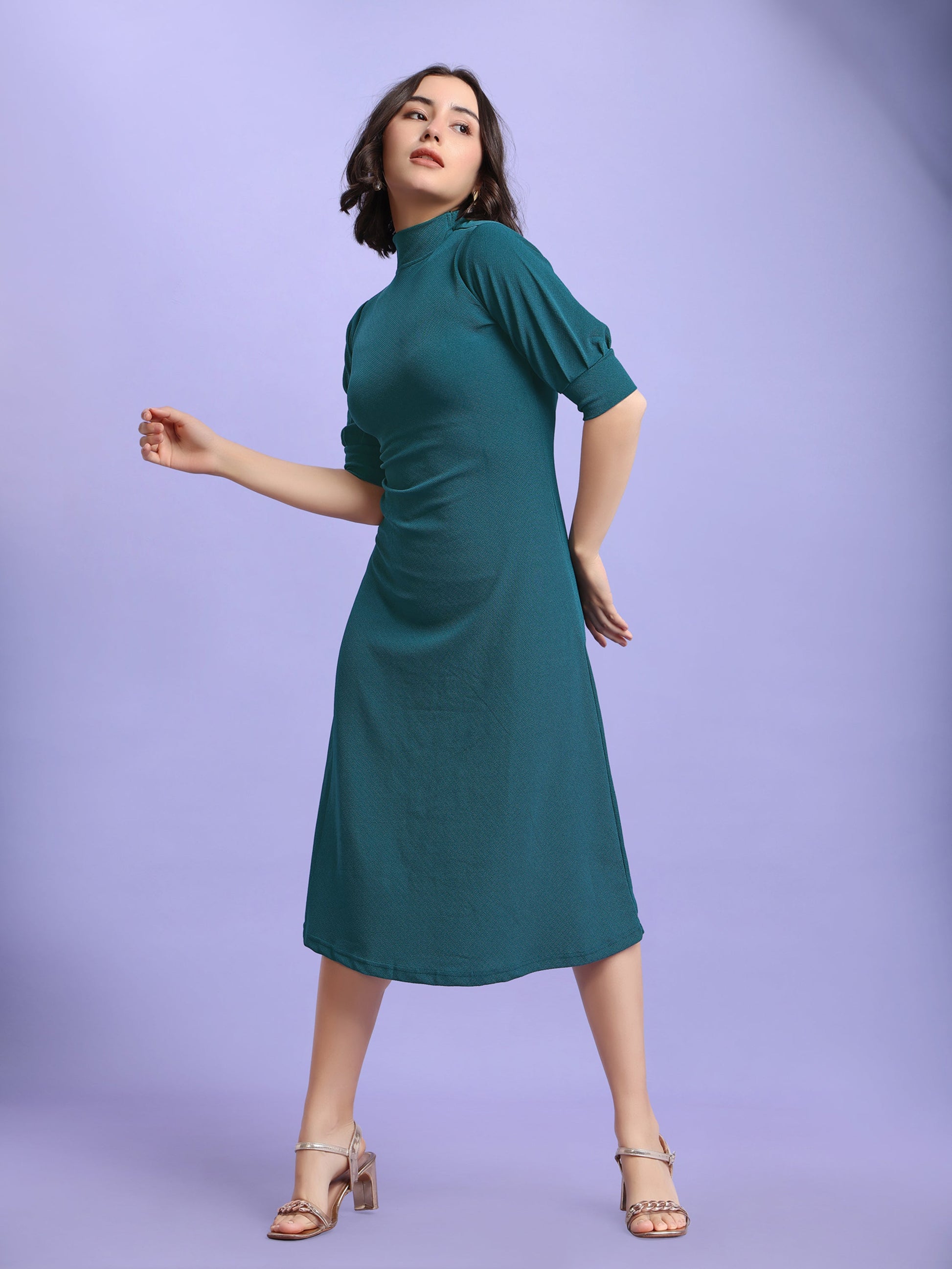 A-line Below Knee Bishop Sleeve High Neck Solid Dress