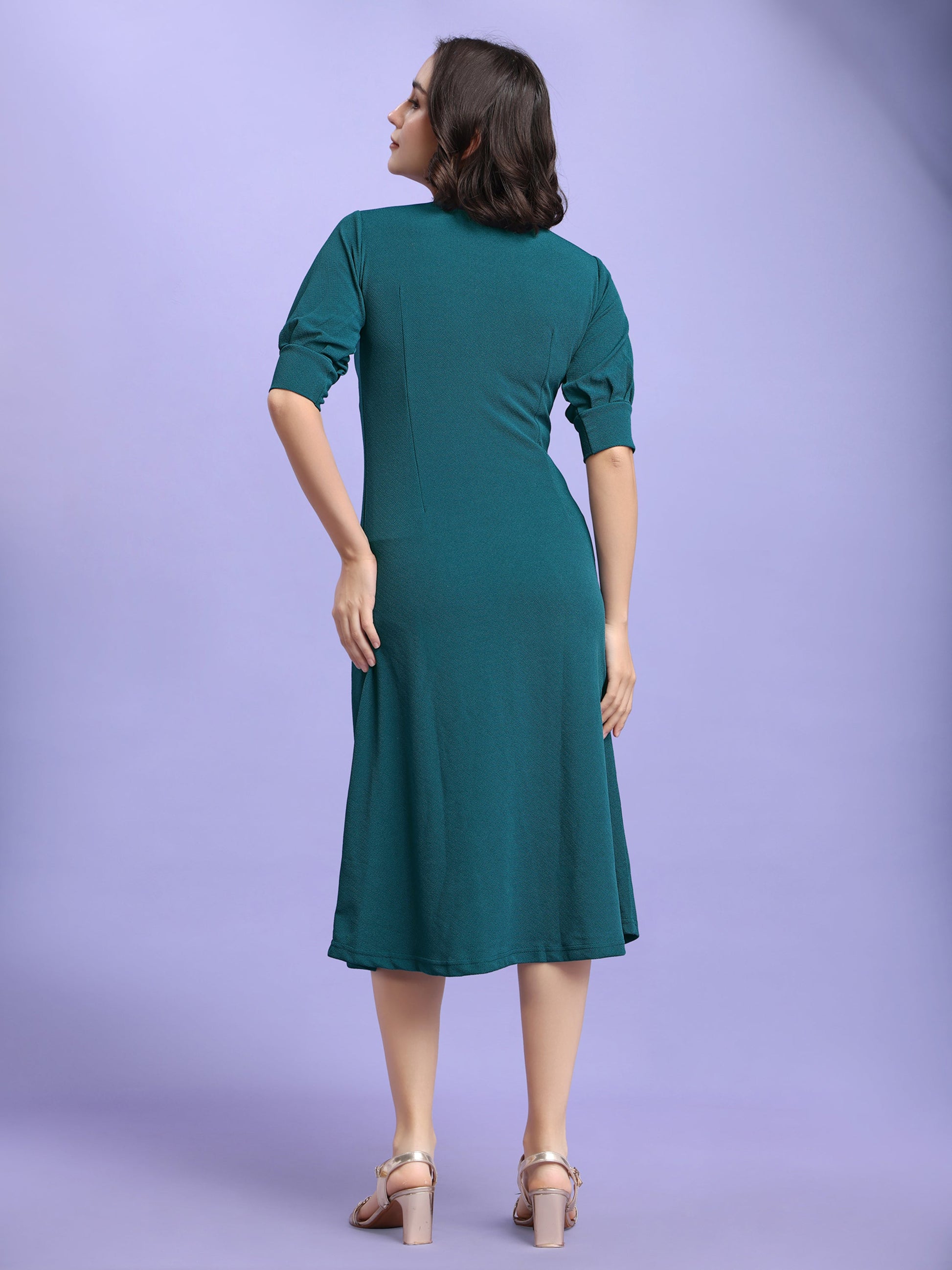 A-line Below Knee Bishop Sleeve High Neck Solid Dress