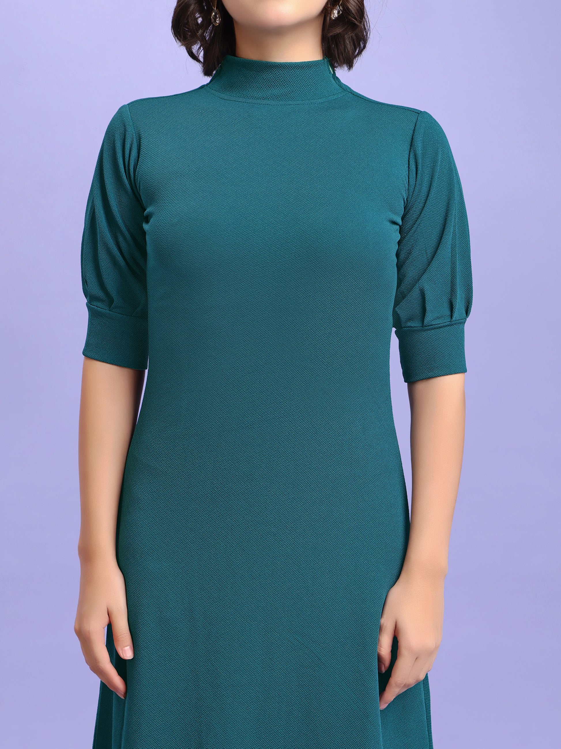 A-line Below Knee Bishop Sleeve High Neck Solid Dress