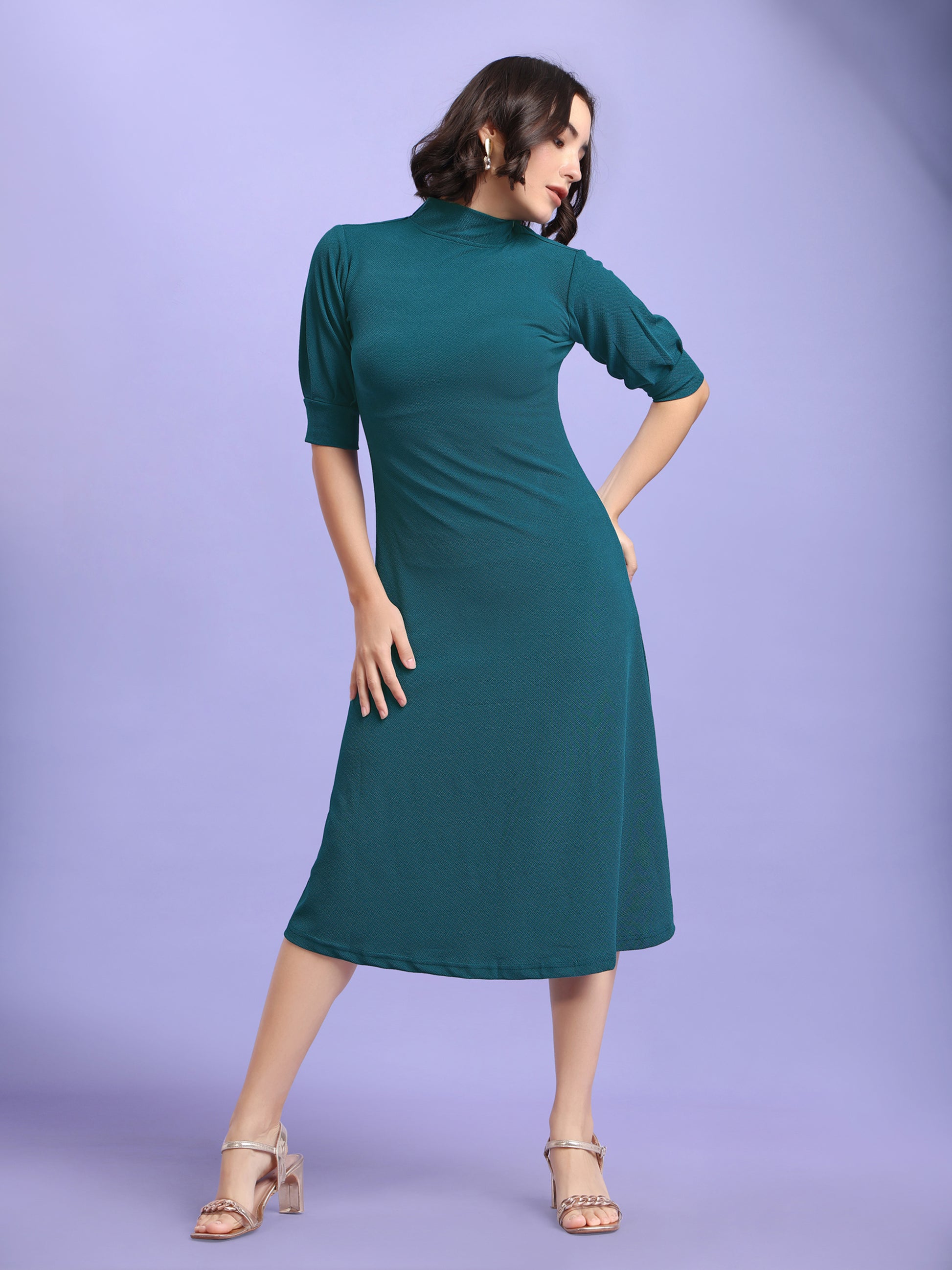 A-line Below Knee Bishop Sleeve High Neck Solid Dress