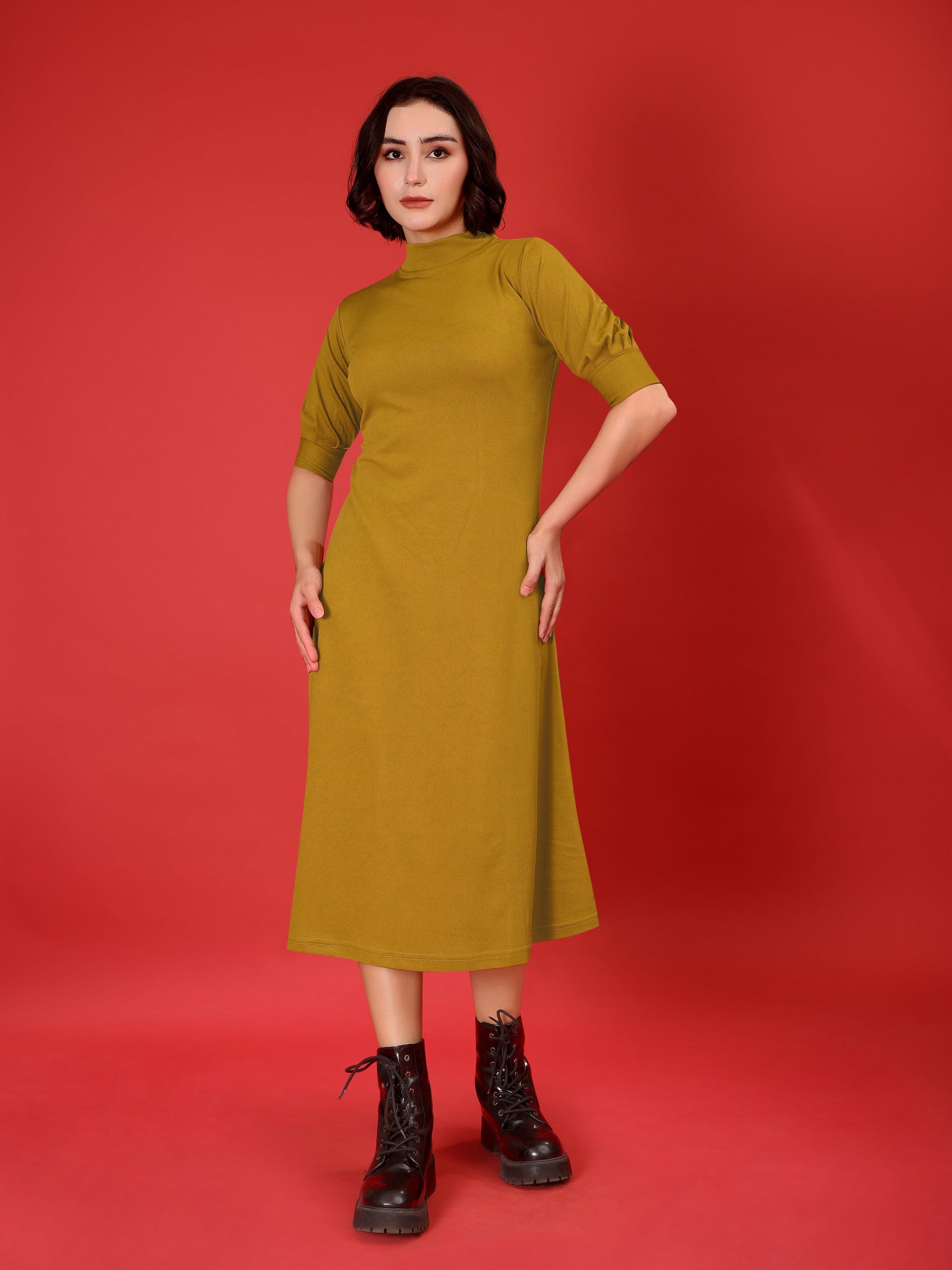 A-line Below Knee Bishop Sleeve High Neck Solid Dress