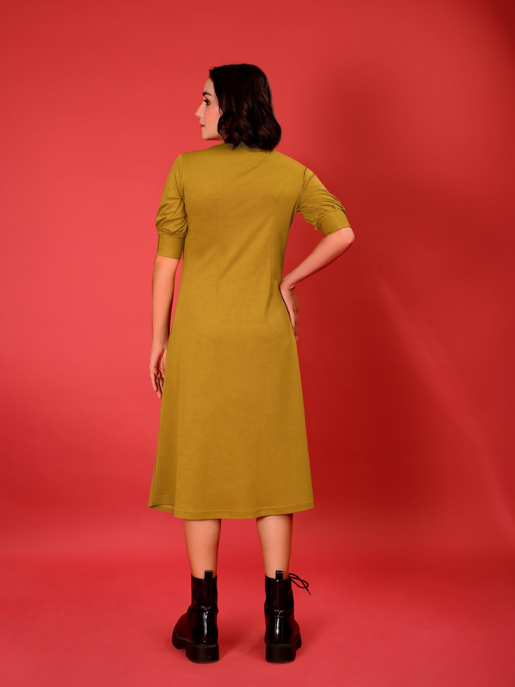 A-line Below Knee Bishop Sleeve High Neck Solid Dress