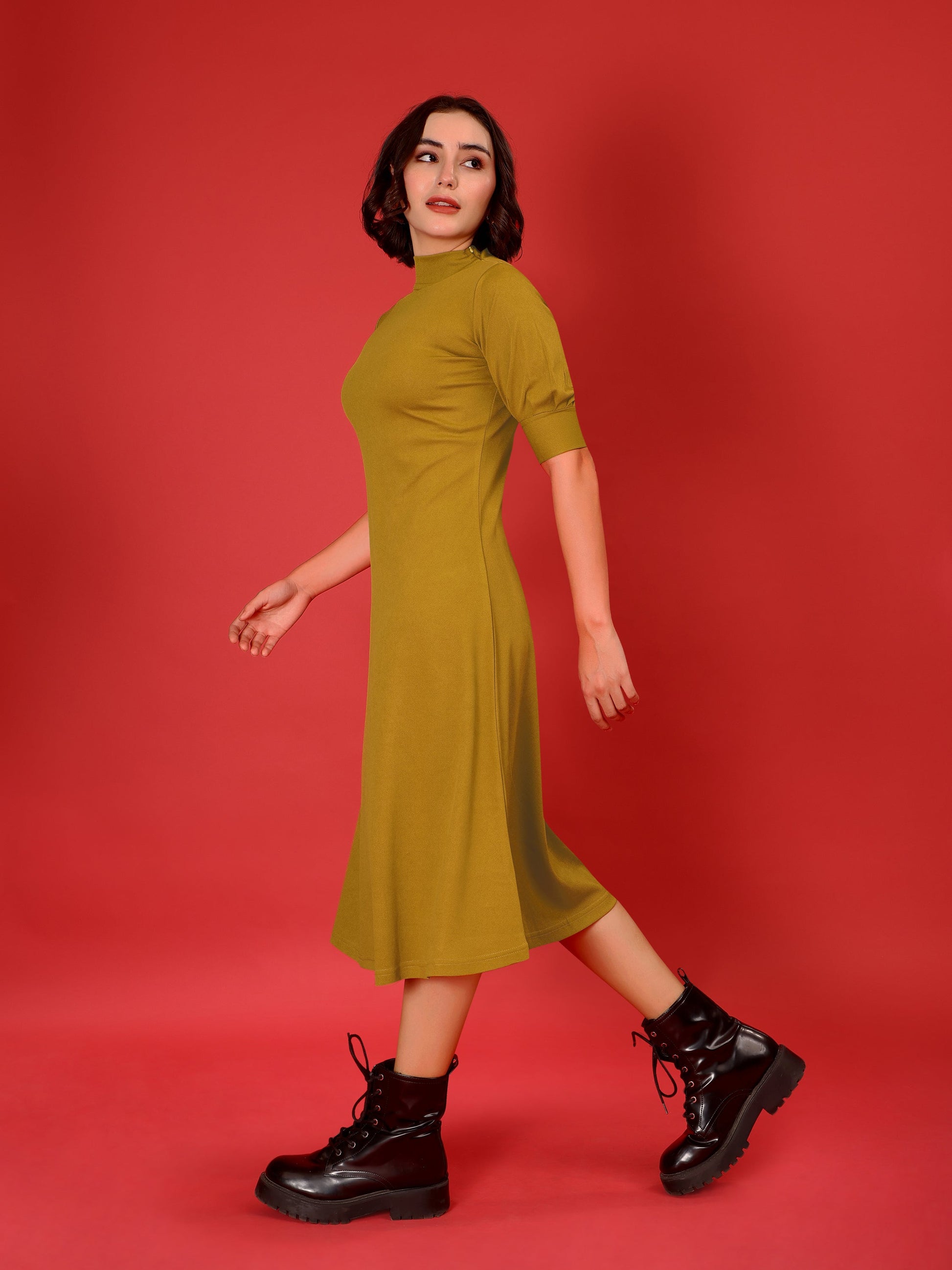 A-line Below Knee Bishop Sleeve High Neck Solid Dress