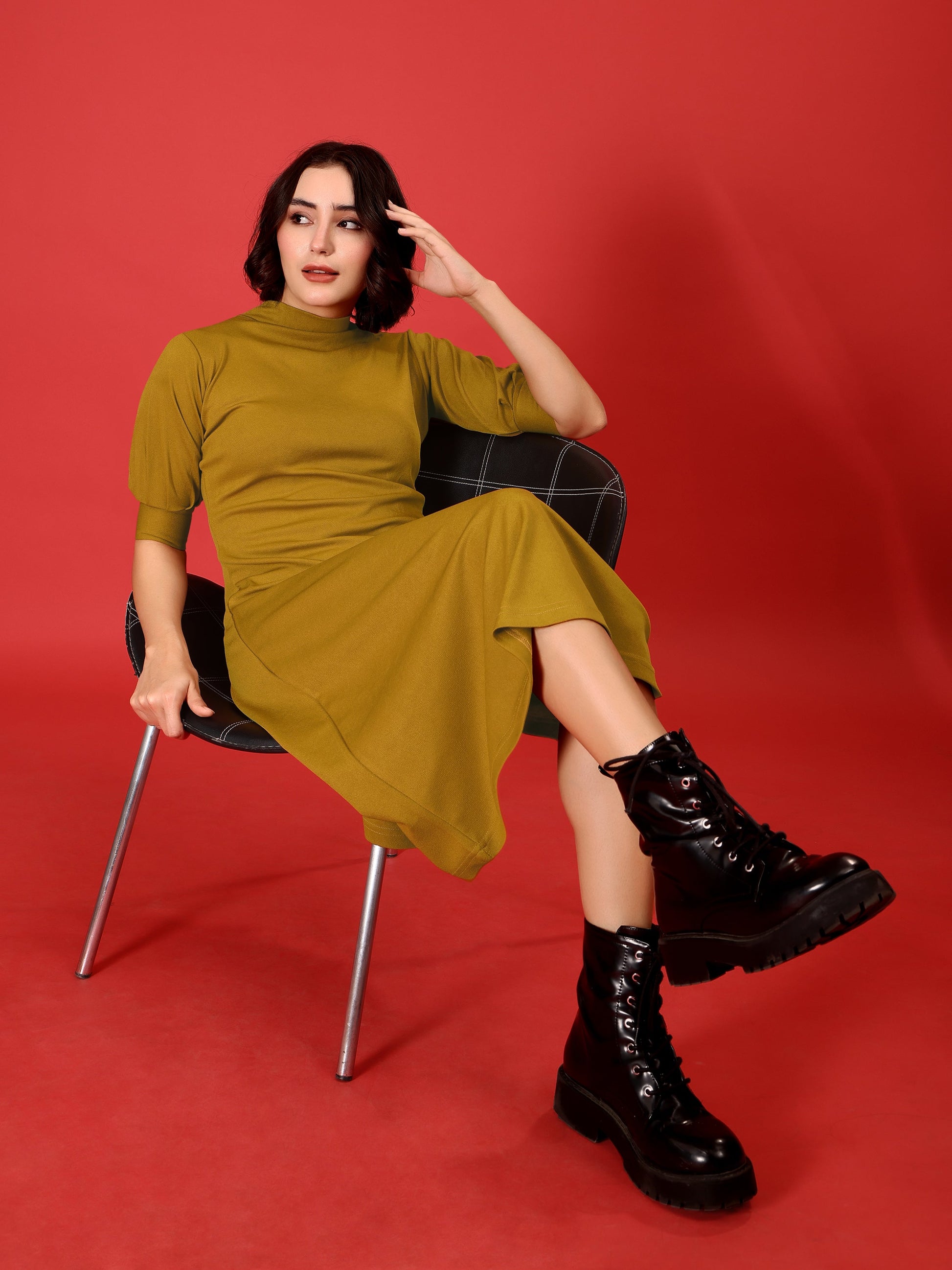 A-line Below Knee Bishop Sleeve High Neck Solid Dress