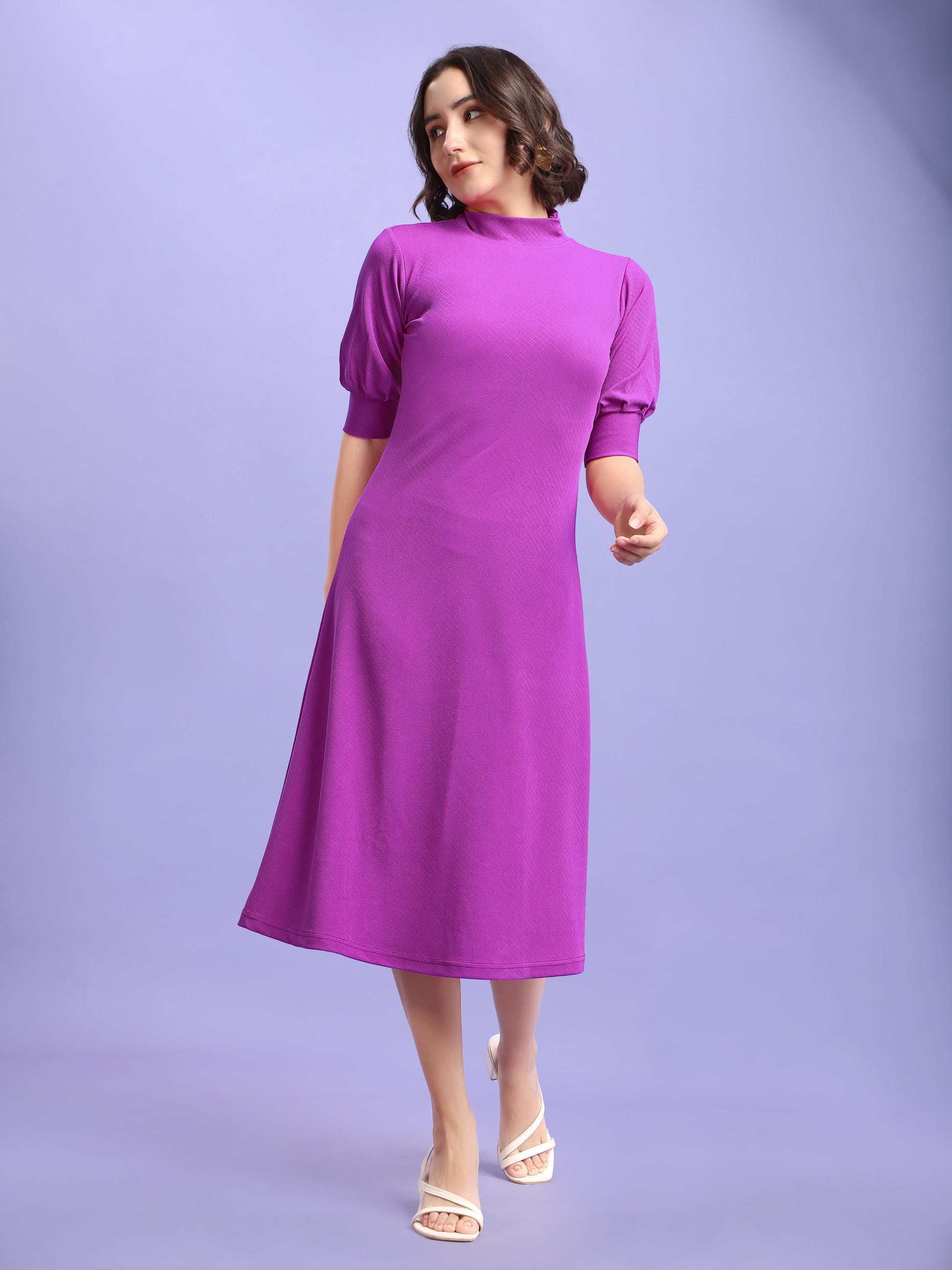 A-line Below Knee Bishop Sleeve High Neck Solid Dress