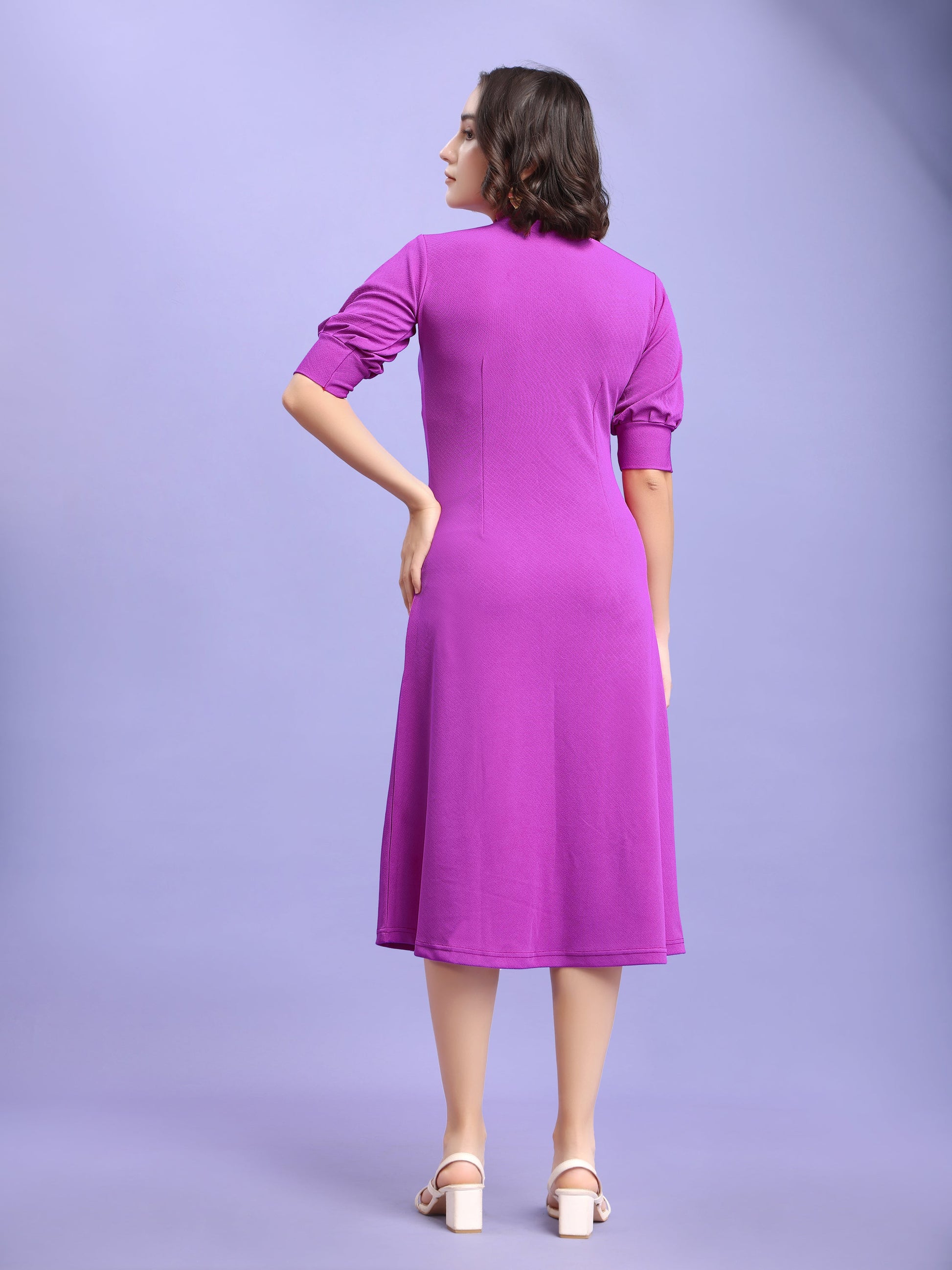 A-line Below Knee Bishop Sleeve High Neck Solid Dress