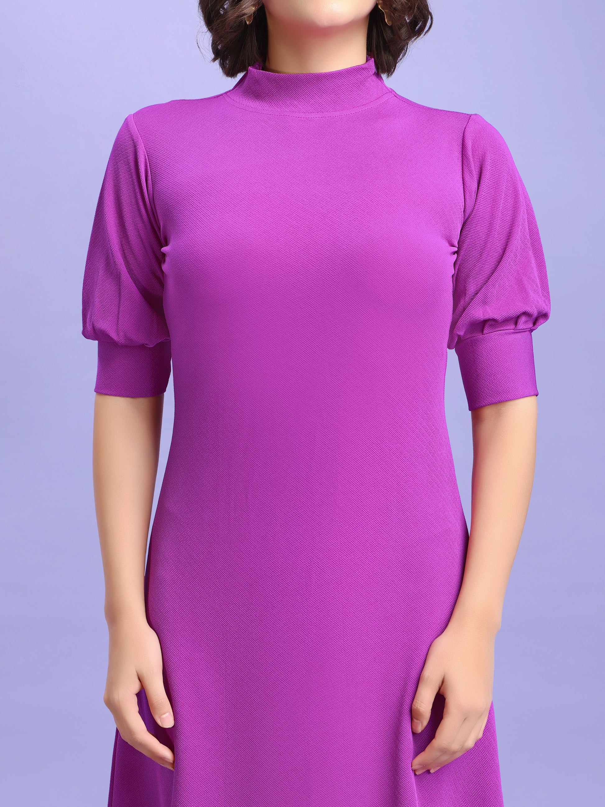 A-line Below Knee Bishop Sleeve High Neck Solid Dress