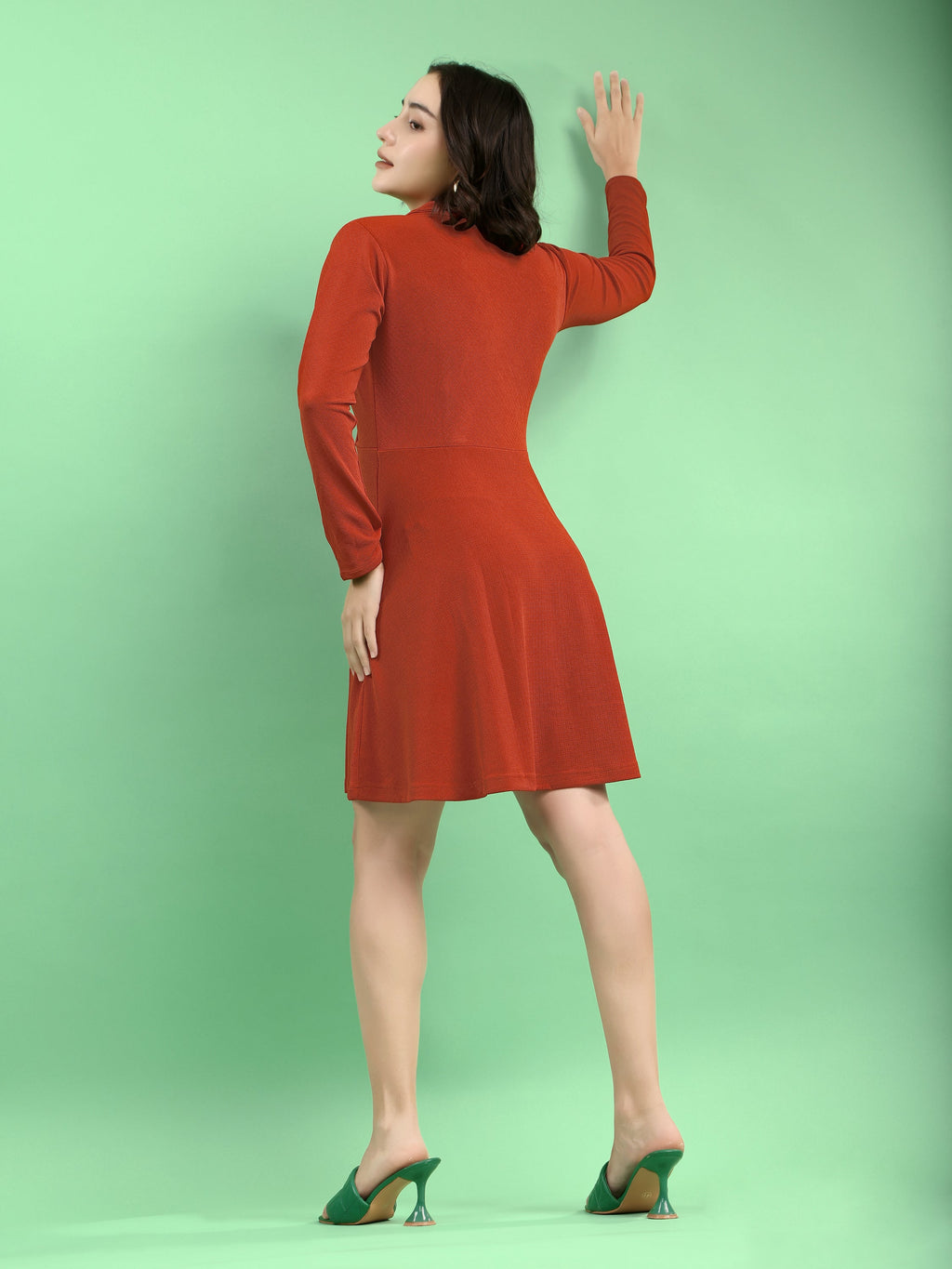 Fit and Flare Mini/Short Regular Sleeves Mandarin Collar Solid Dress