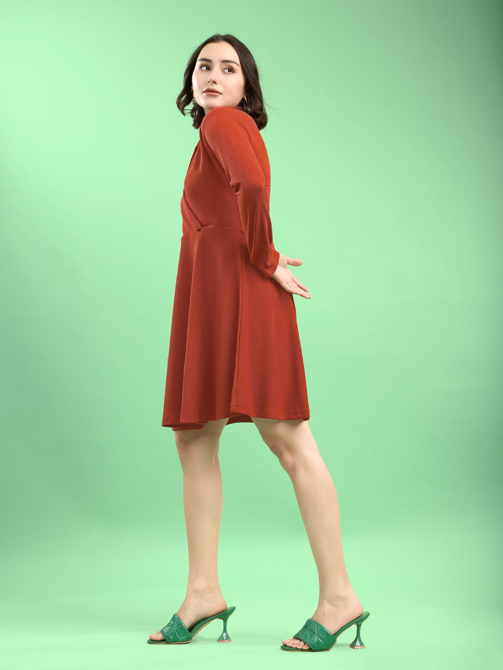 Fit and Flare Mini/Short Regular Sleeves Mandarin Collar Solid Dress