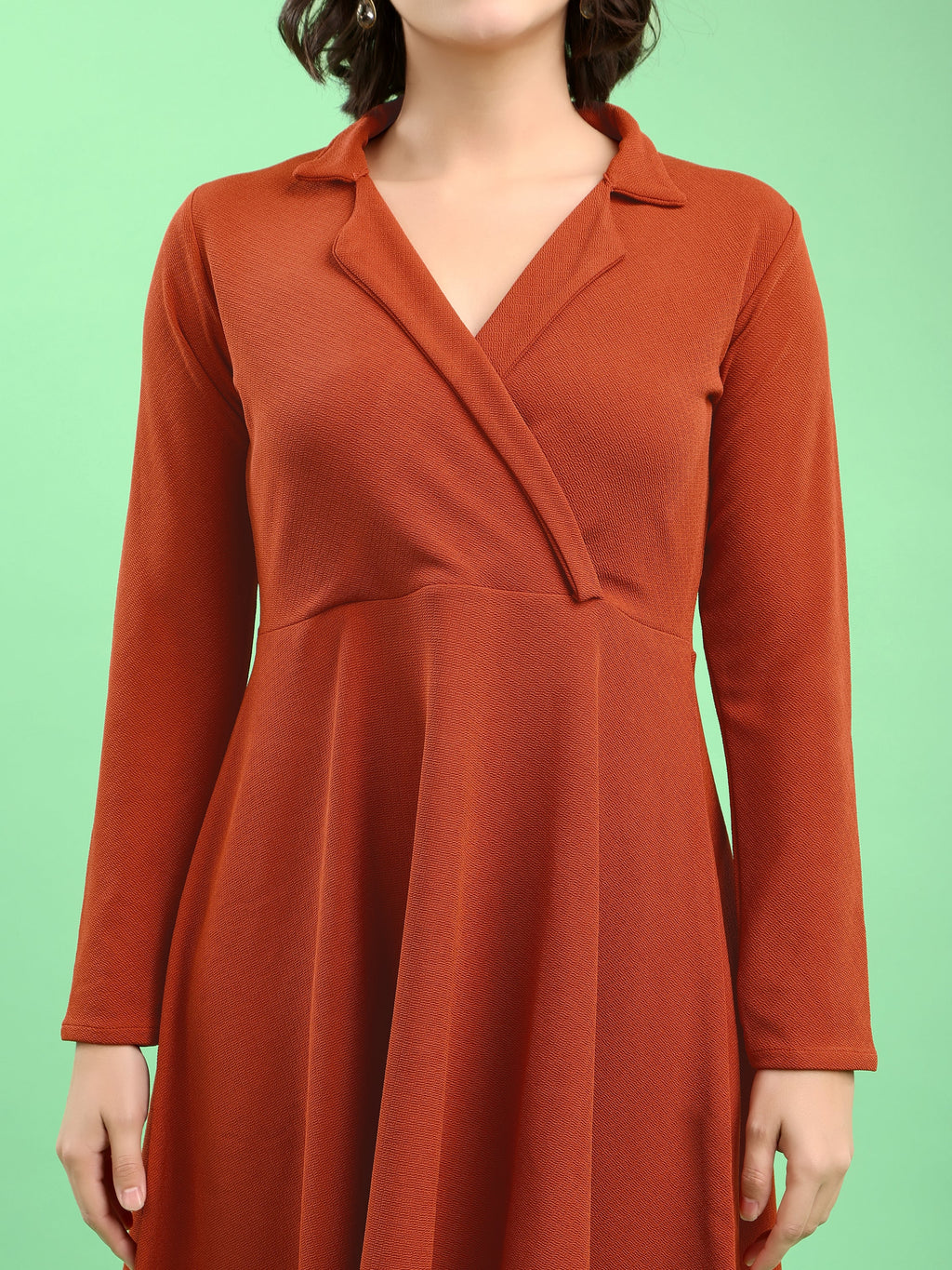 Fit and Flare Mini/Short Regular Sleeves Mandarin Collar Solid Dress