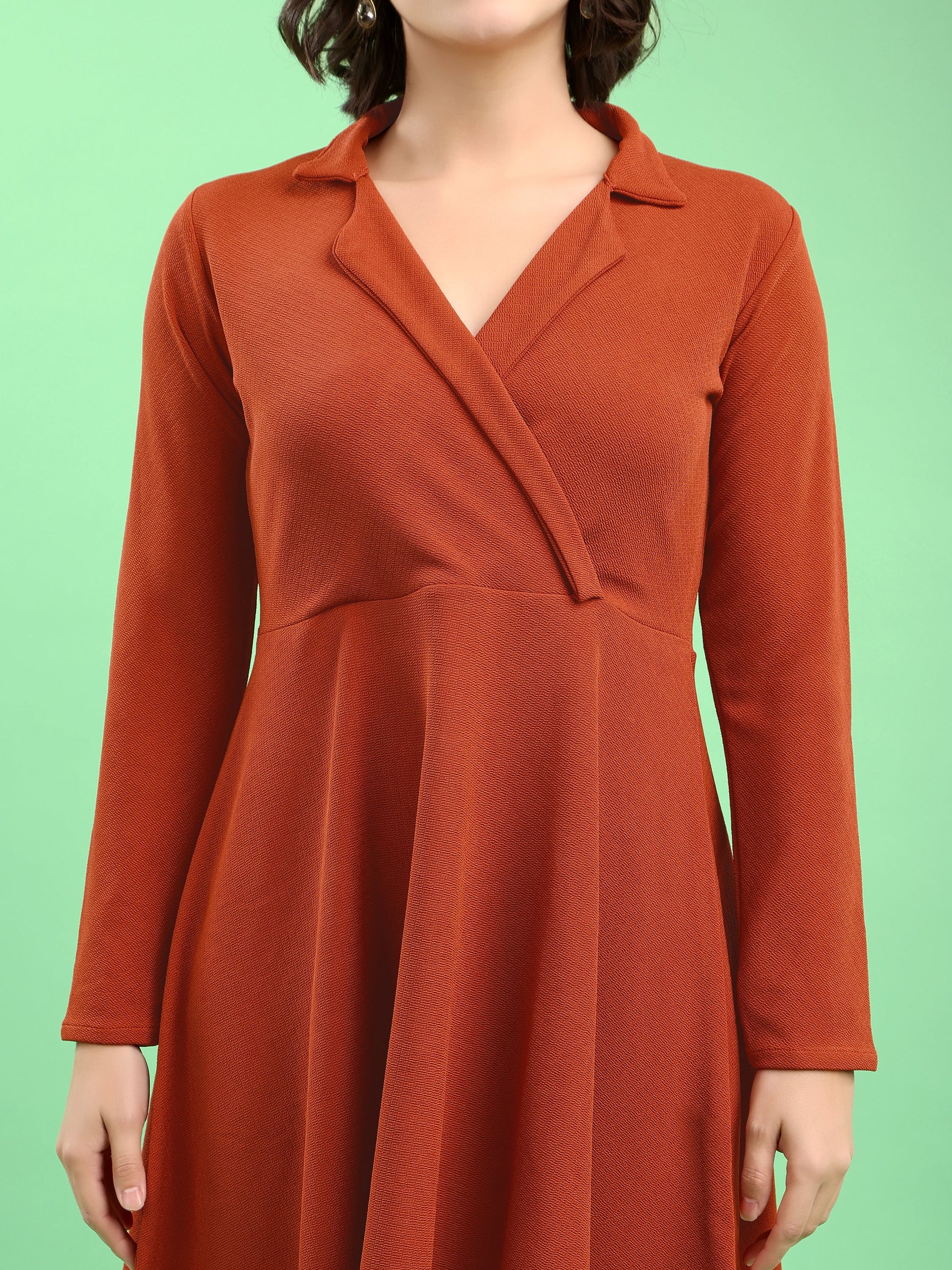 Fit and Flare Mini/Short Regular Sleeves Mandarin Collar Solid Dress