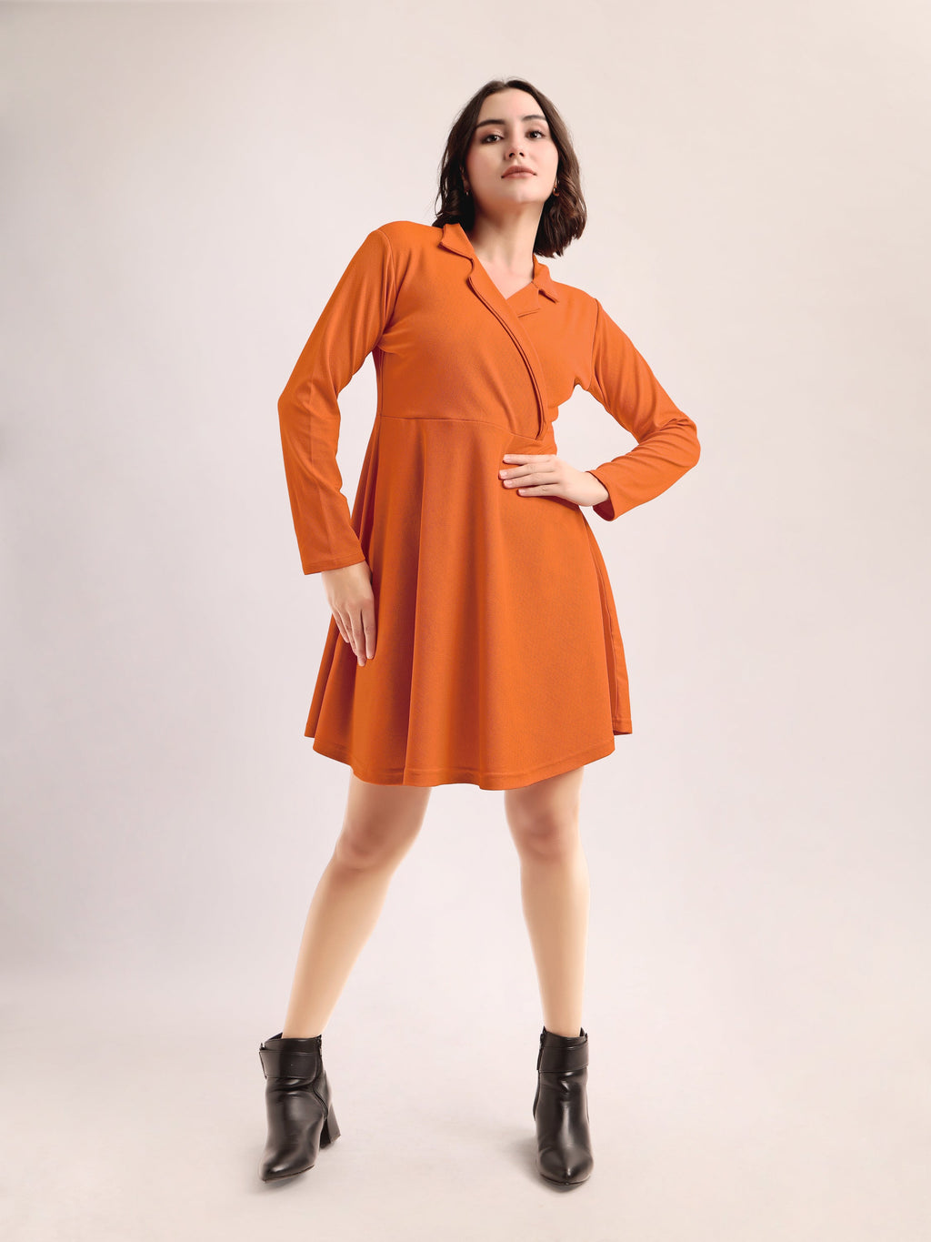 Fit and Flare Mini/Short Regular Sleeves Mandarin Collar Solid Dress
