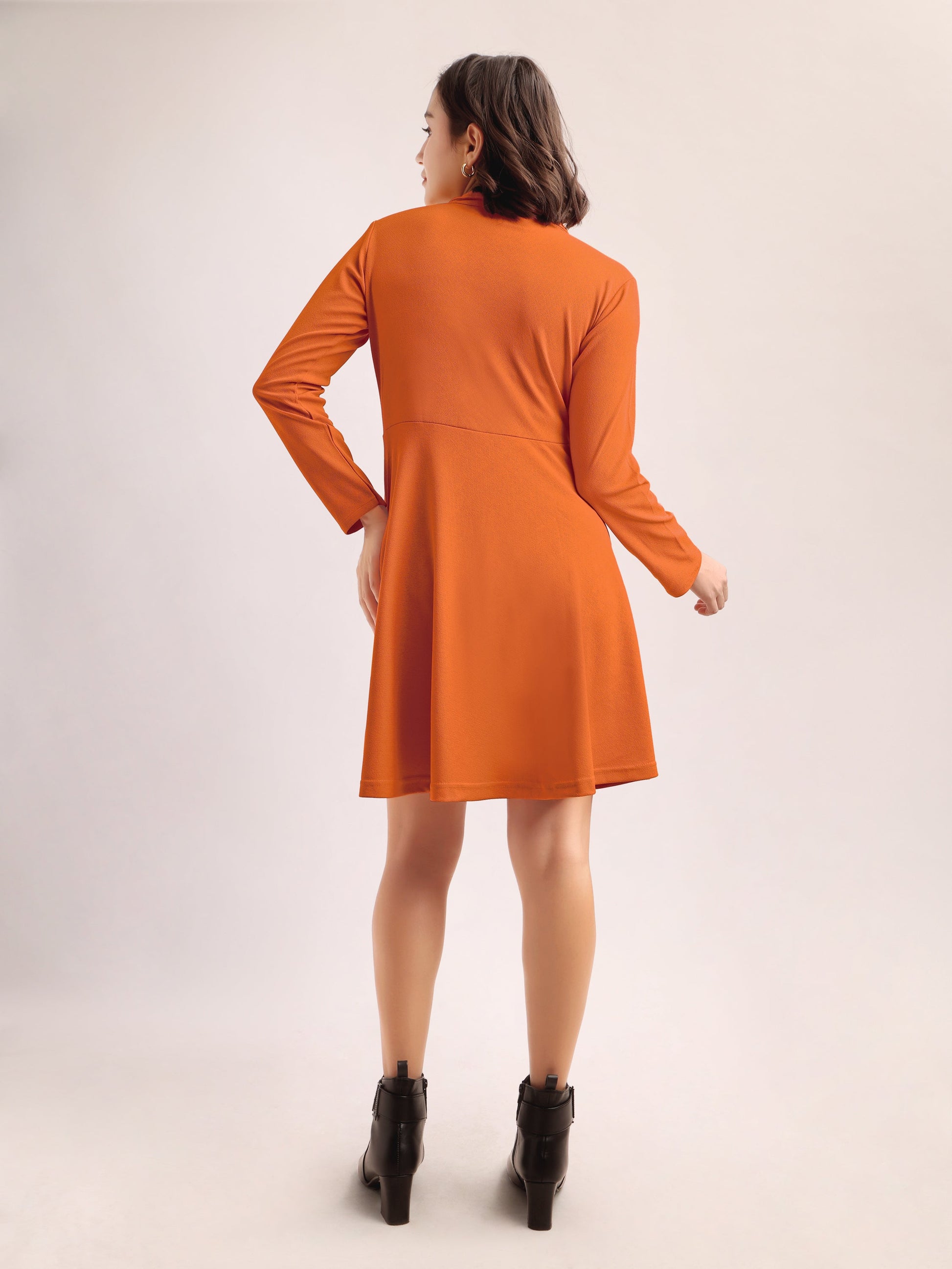 Fit and Flare Mini/Short Regular Sleeves Mandarin Collar Solid Dress