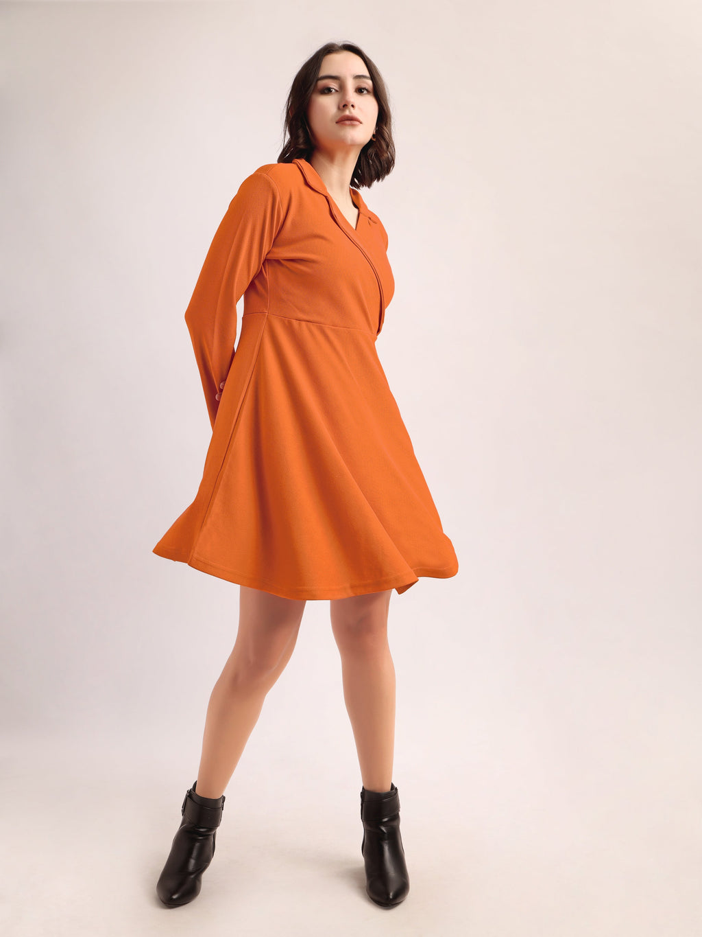 Fit and Flare Mini/Short Regular Sleeves Mandarin Collar Solid Dress