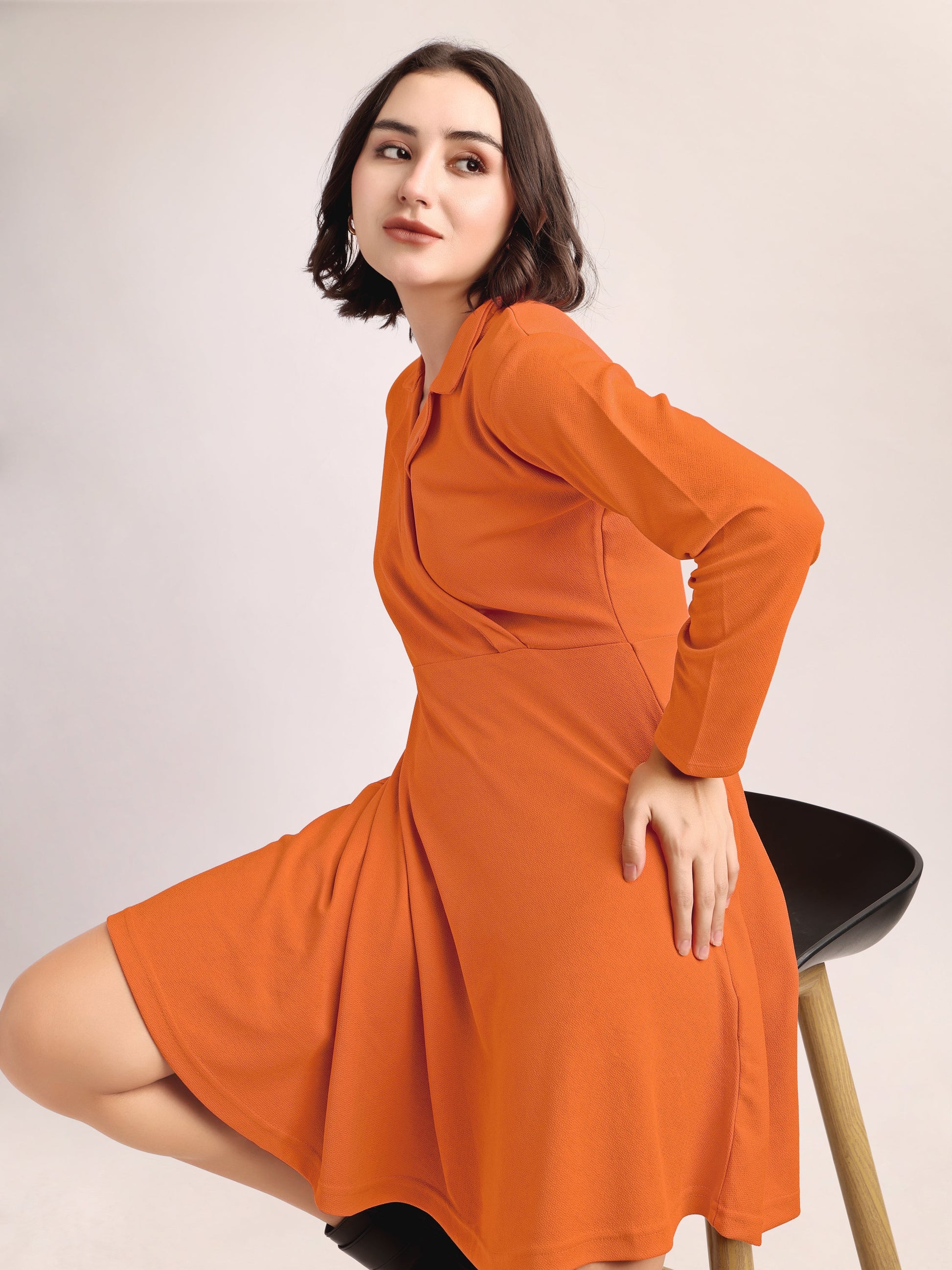 Fit and Flare Mini/Short Regular Sleeves Mandarin Collar Solid Dress