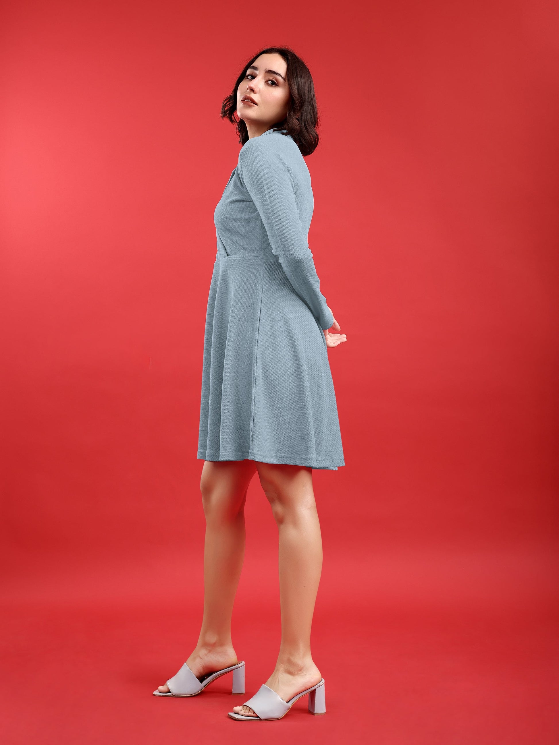 Fit and Flare Mini/Short Regular Sleeves Mandarin Collar Solid Dress