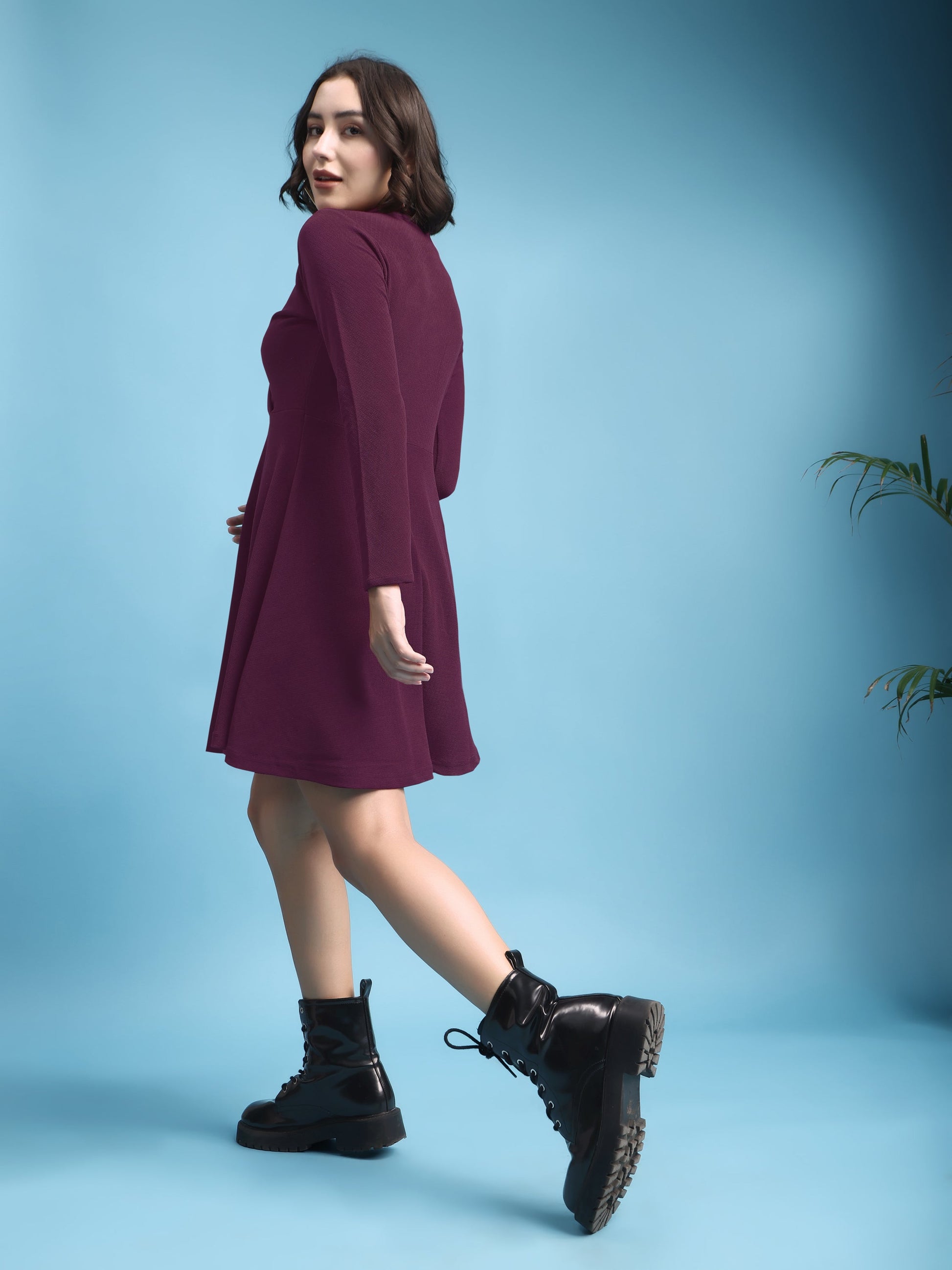 Fit and Flare Mini/Short Regular Sleeves Mandarin Collar Solid Dress