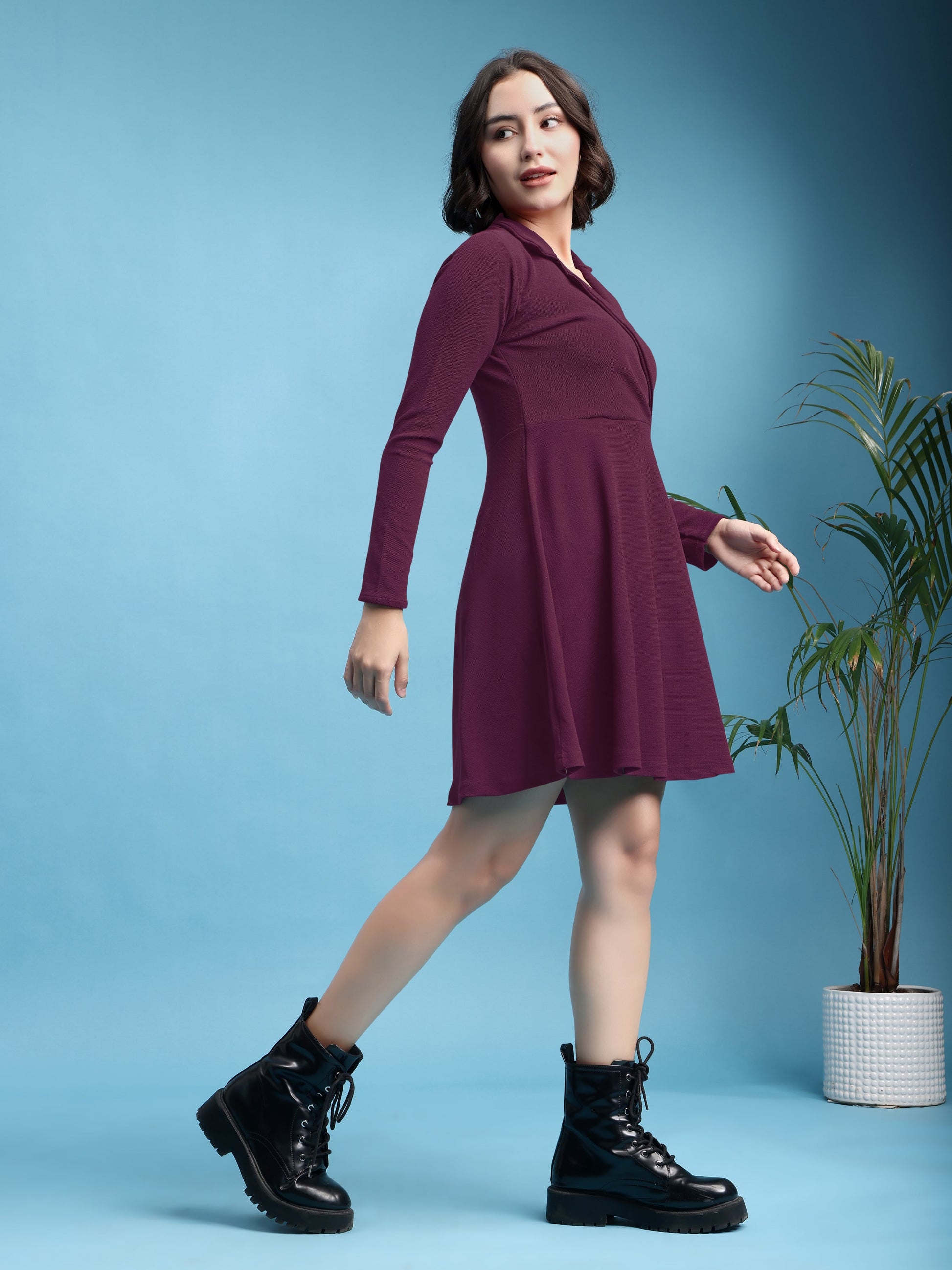 Fit and Flare Mini/Short Regular Sleeves Mandarin Collar Solid Dress