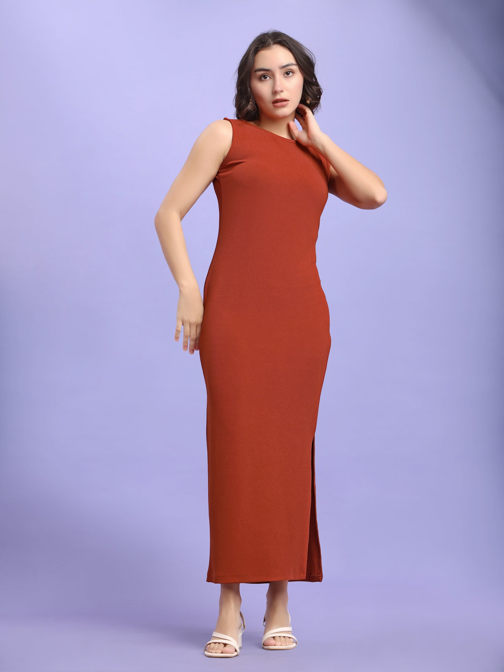 Bodycon Maxi Length Sleeveless Round Neck Solid Dress