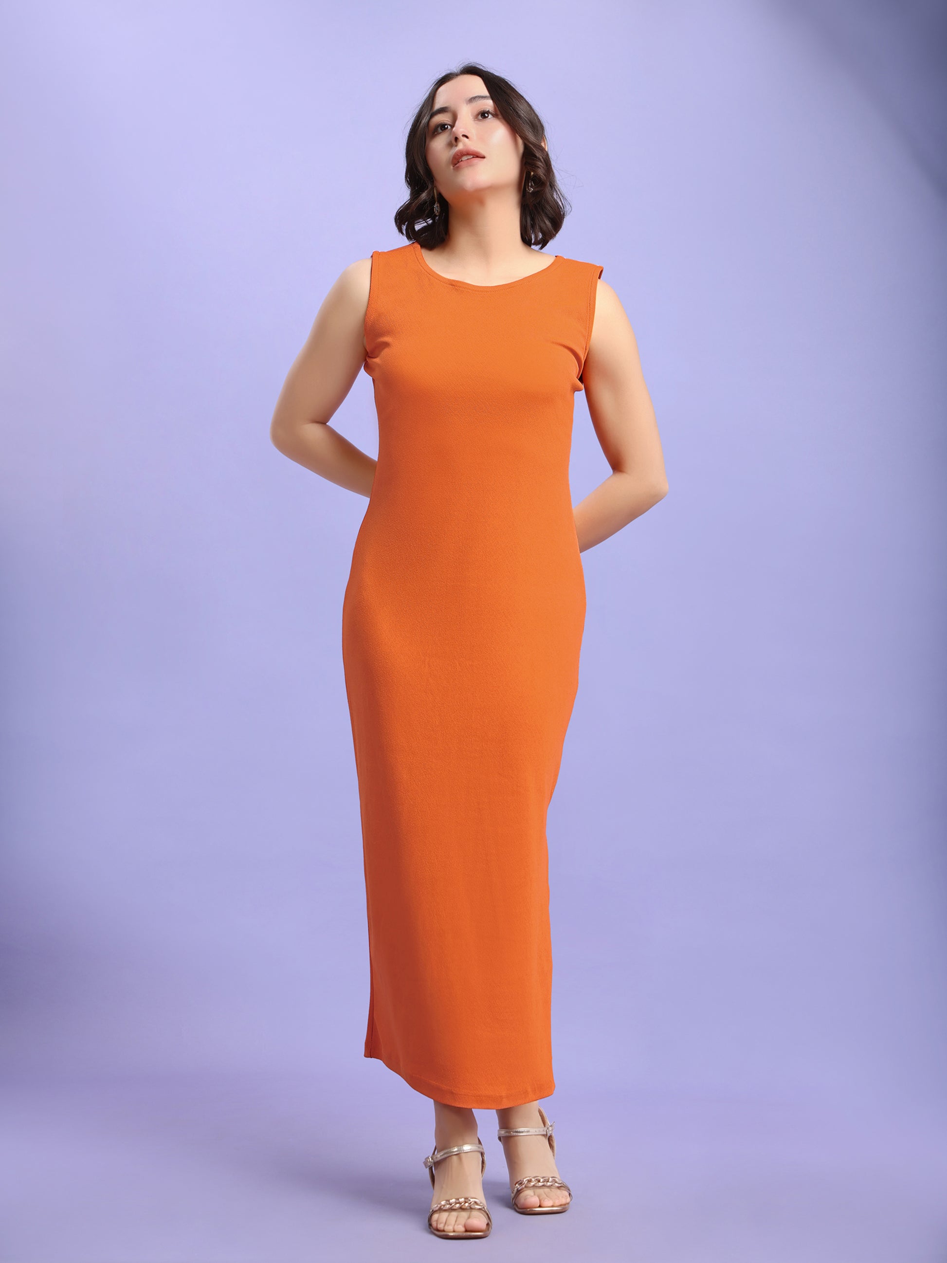 Bodycon Maxi Length Sleeveless Round Neck Solid Dress