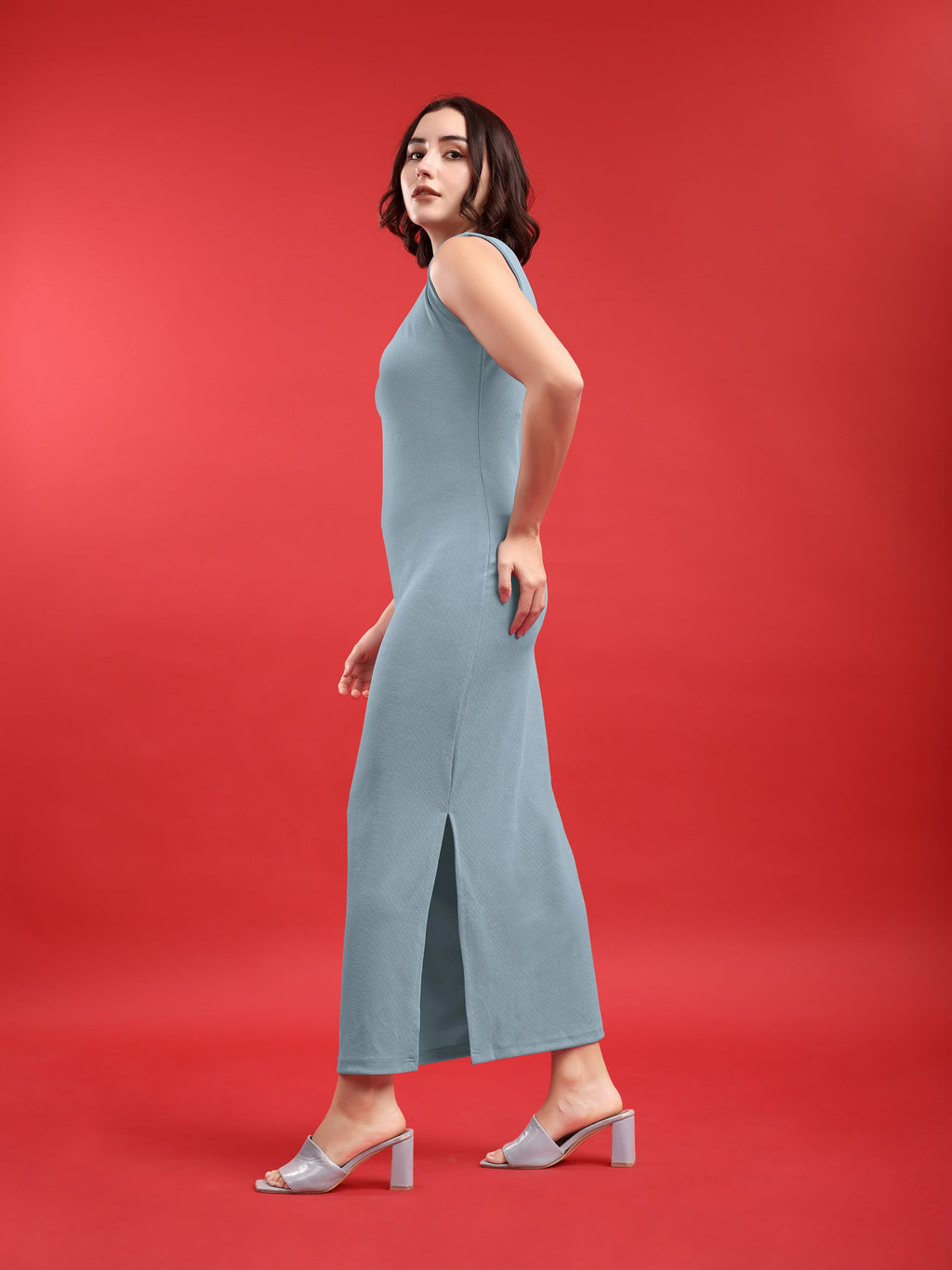 Bodycon Maxi Length Sleeveless Round Neck Solid Dress