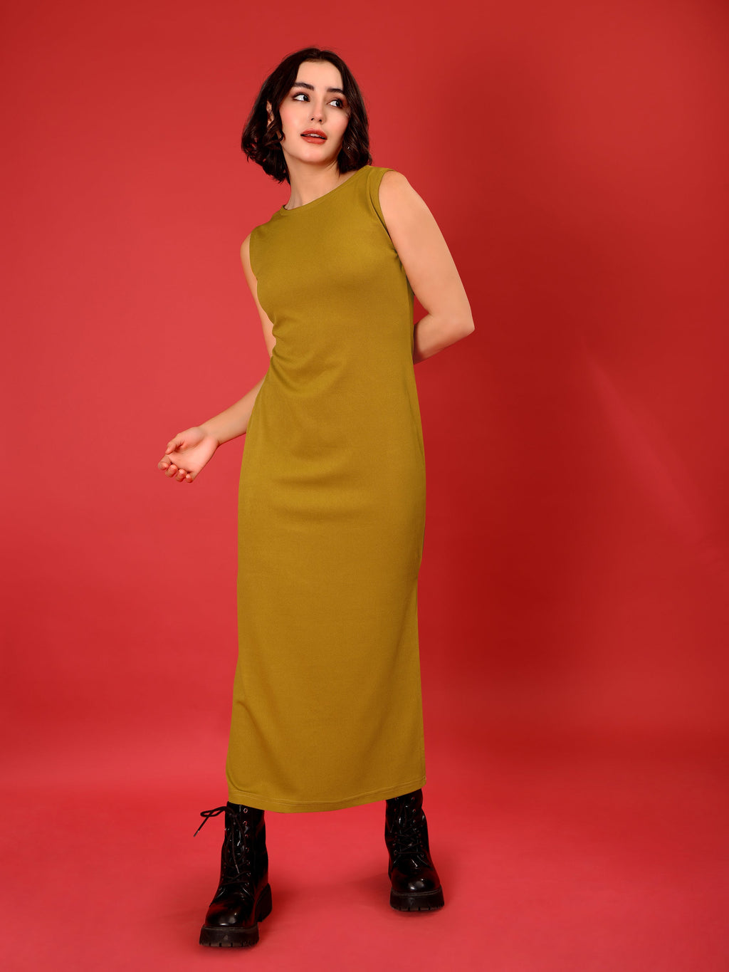 Bodycon Maxi Length Sleeveless Round Neck Solid Dress